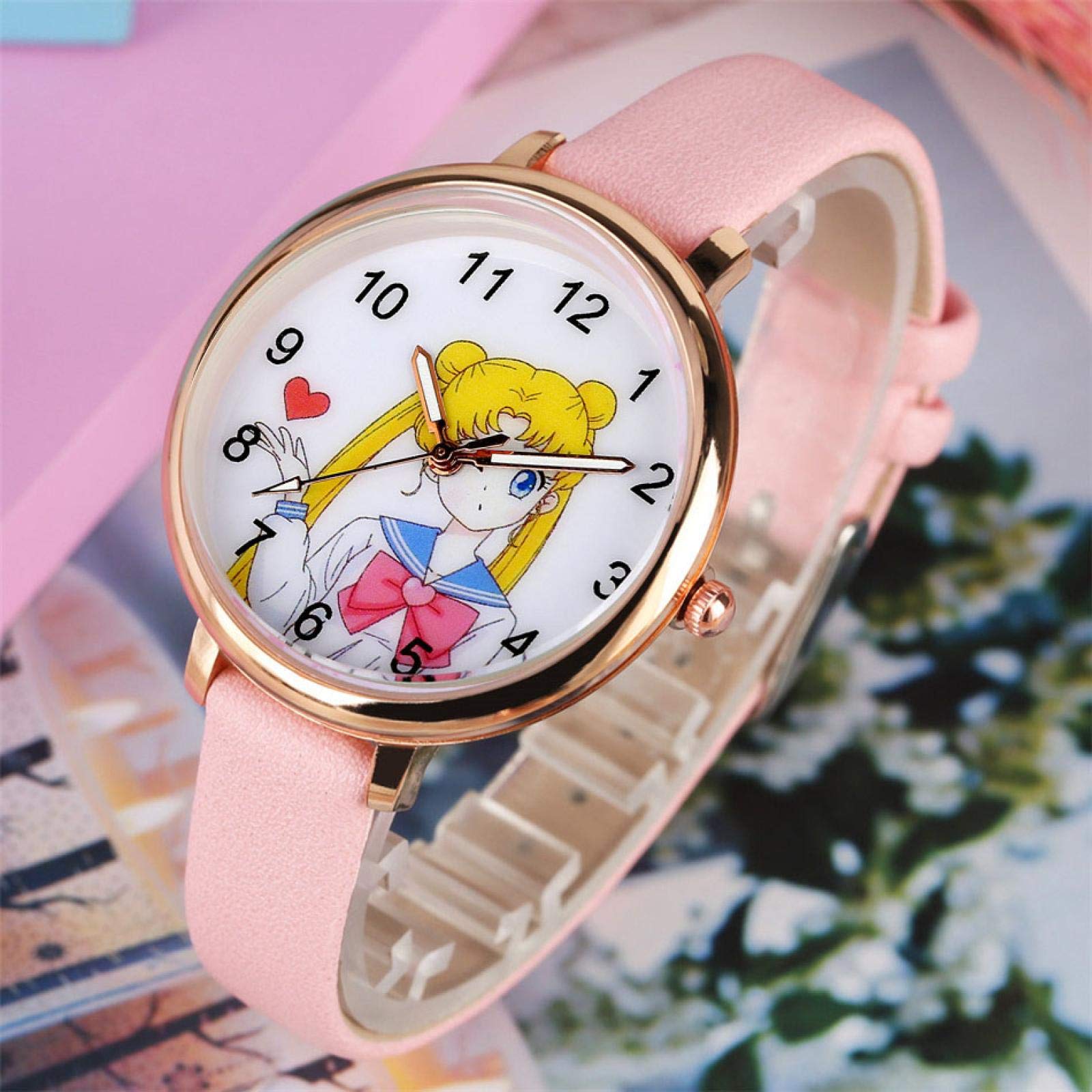 Anime Pink Leather Quartz Watch for Women & Girls - Cute Student Wristwatch with Anime Design - Perfect Gift for School, Daily Wear & Cosplay