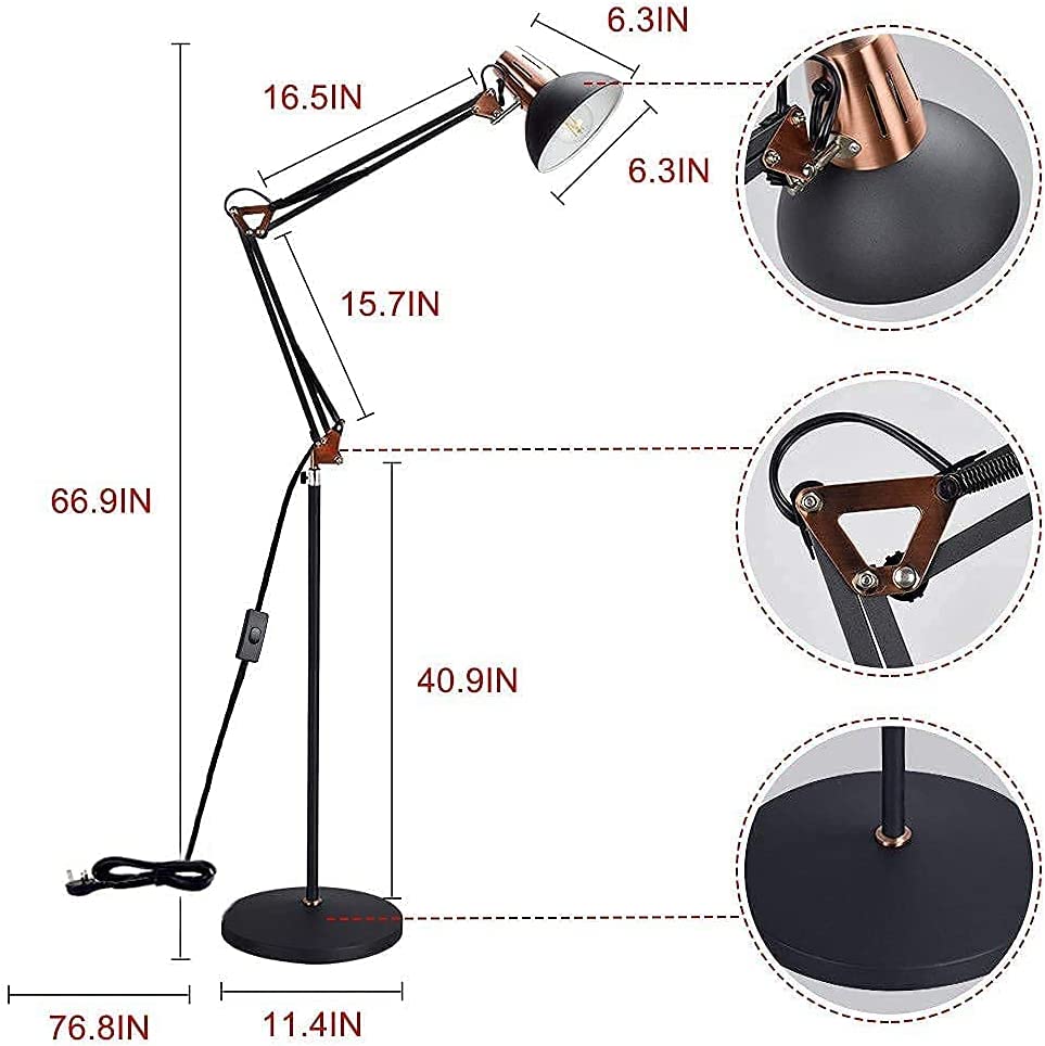 Modern Metal Floor Lamp with Flexible Swing Arms & Adjustable Head - Industrial Standing Lamp for Living Room, Bedroom, Office - Matte Grey Finish - Perfect for Reading, Task Lighting & Home Decor