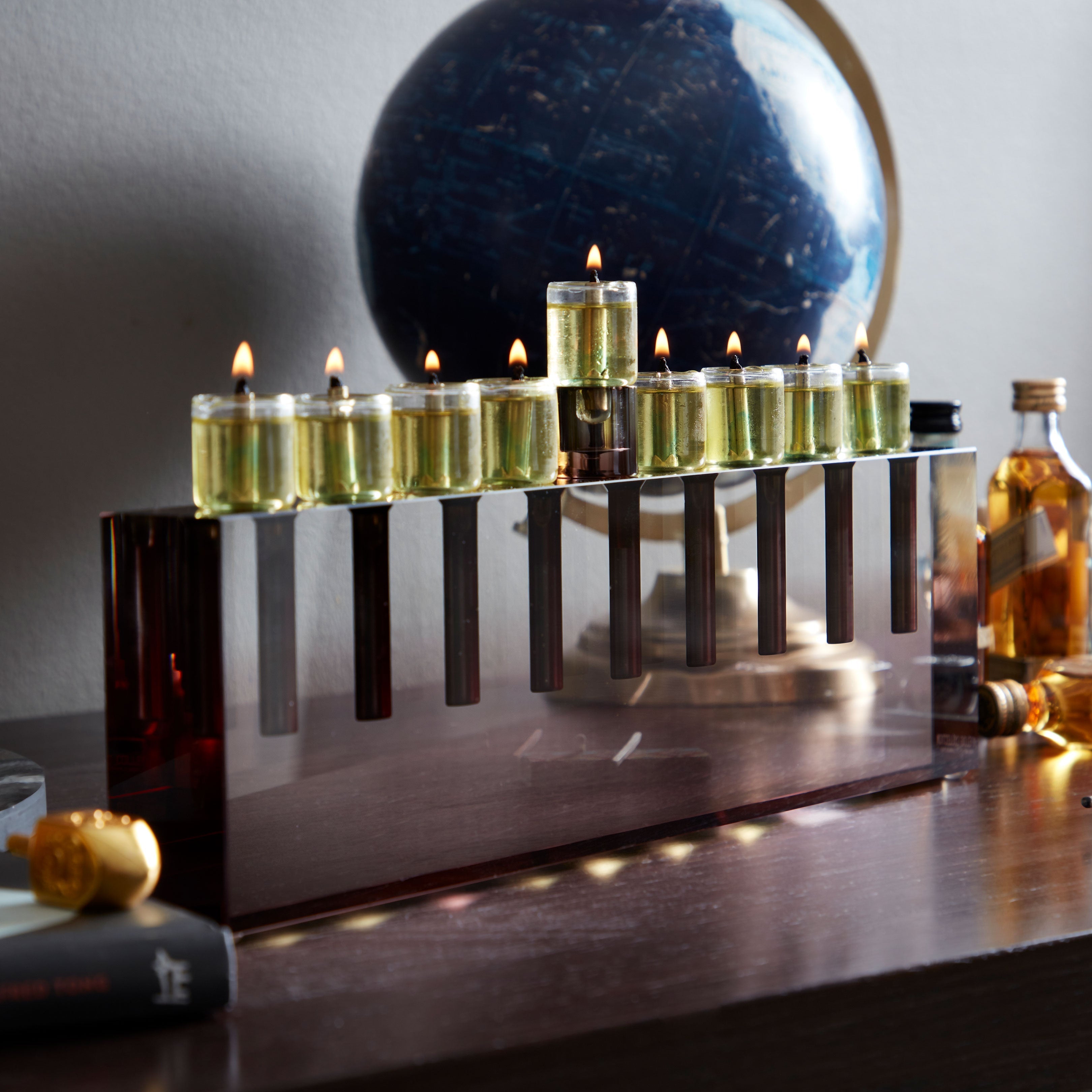 Apeloig Acrylic Oil Menorah - Elegant Hanukkah Candle Holder for Jewish Holiday Decor & Home Table Centerpiece