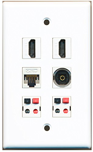 RiteAV 2-Port HDMI, 1-Port Toslink, 1-Port Cat5e Ethernet Wall Plate with Speaker Jacks - White | Perfect for Home Theater, Office & Conference Room AV Setup