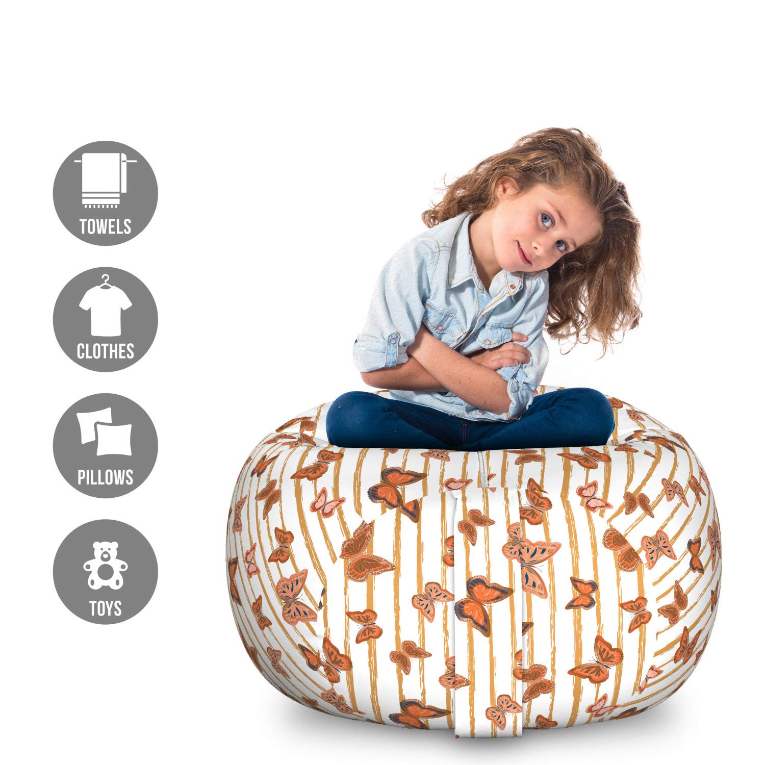 Ambesonne Large Washable Storage Toy Bag Chair with Butterfly Artwork - Organizer for Stuffed Animals, White Amber Pale Redwood - Perfect for Kids' Room, Nursery, or Playroom Storage