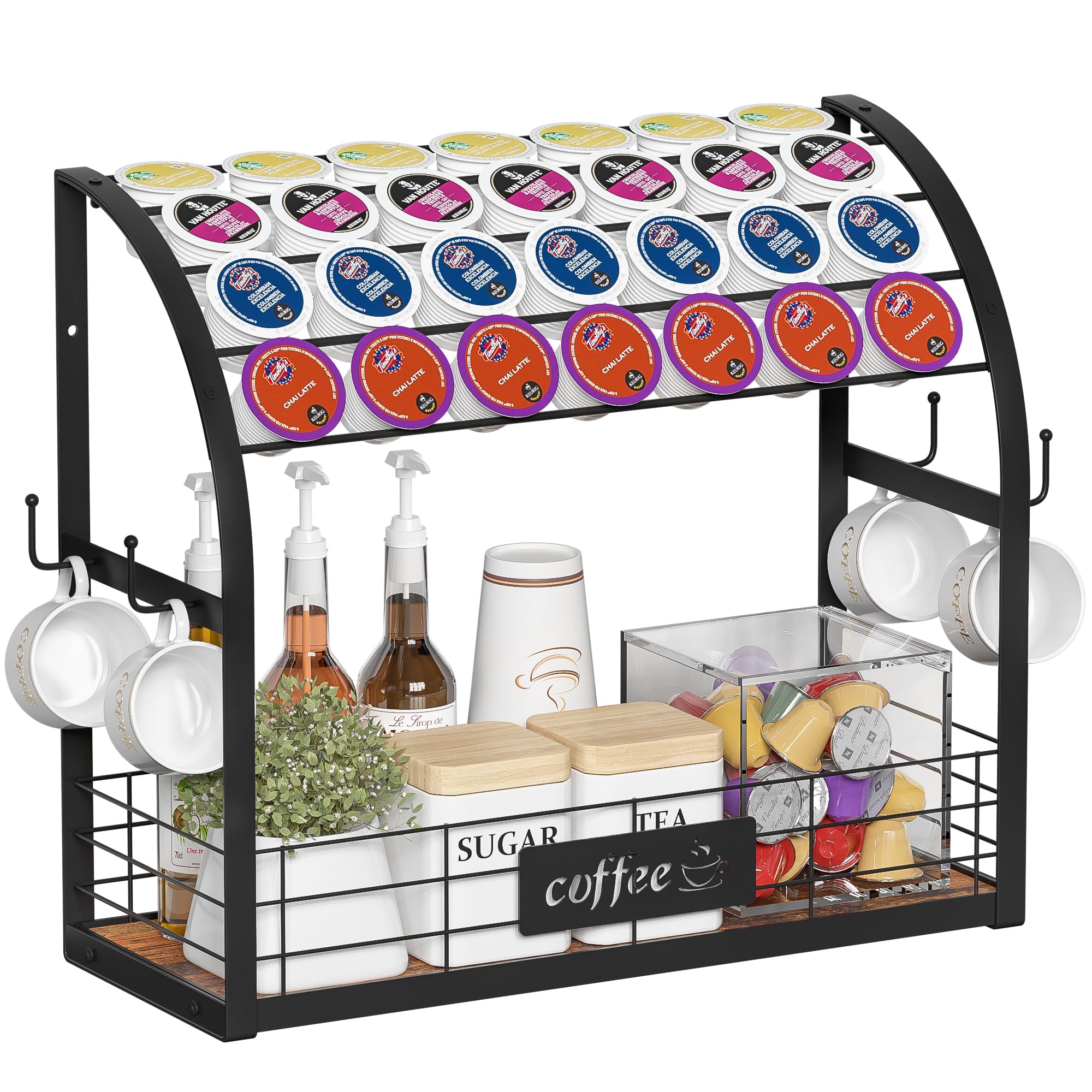 2-Tier Metal K Cup Holder with 4 Coffee Mug Hooks - Multi-Functional Coffee Station Organizer for Countertop, Wooden K Cup Tray - Perfect for Home Kitchen, Office Coffee Bar & Small Space Organization (Black)