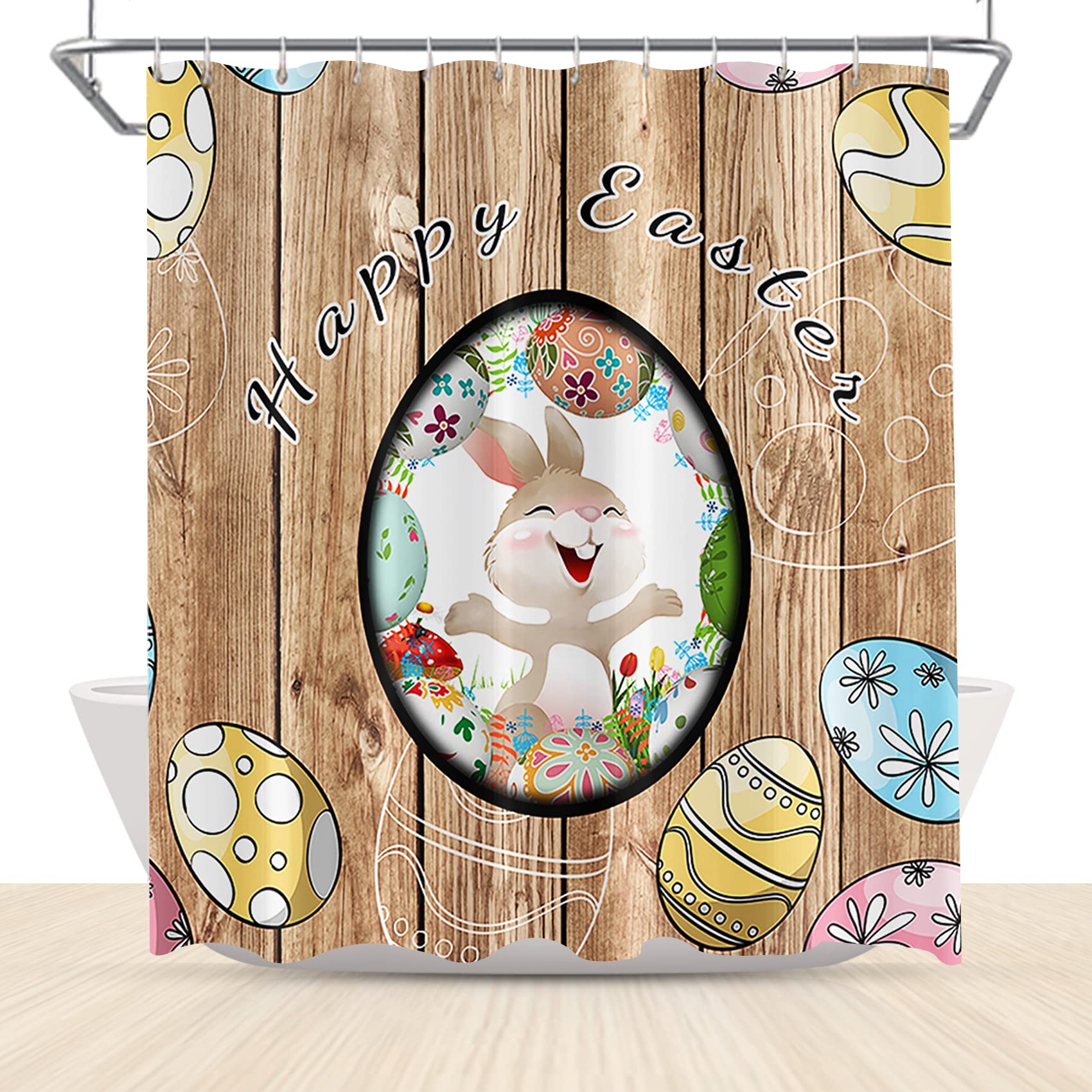 Easter Bunny Shower Curtain - Cute Rabbit with Colorful Eggs Design, 47x72 Inch Polyester Bathroom Curtain with Hooks for Kids & Adults - Perfect for Spring Decor, Easter Party, and Farmhouse Style Bathrooms