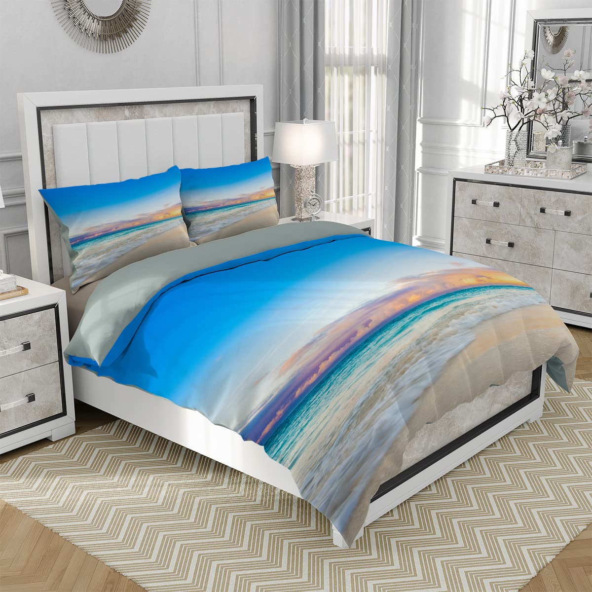Beach Sand Duvet Cover Set Twin Size - Coastal Blue Water Sunset Clouds 3-Piece Microfiber Bedding Set for Kids, Boys & Teens | Soft Comforter Cover with 2 Pillowcases | Perfect for Beach-Themed Bedrooms, Vacation Homes & Summer Decor