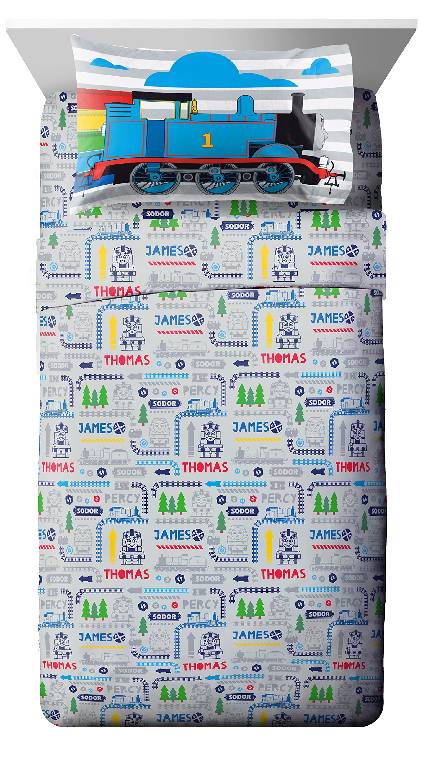 Jay Franco Thomas & Friends Rail Run 4-Piece Toddler Bedding Set - Super Soft Fade Resistant Microfiber Comforter & Sheet Set - Official Mattel Licensed Product for Kids' Room Decor & Nursery Bedding