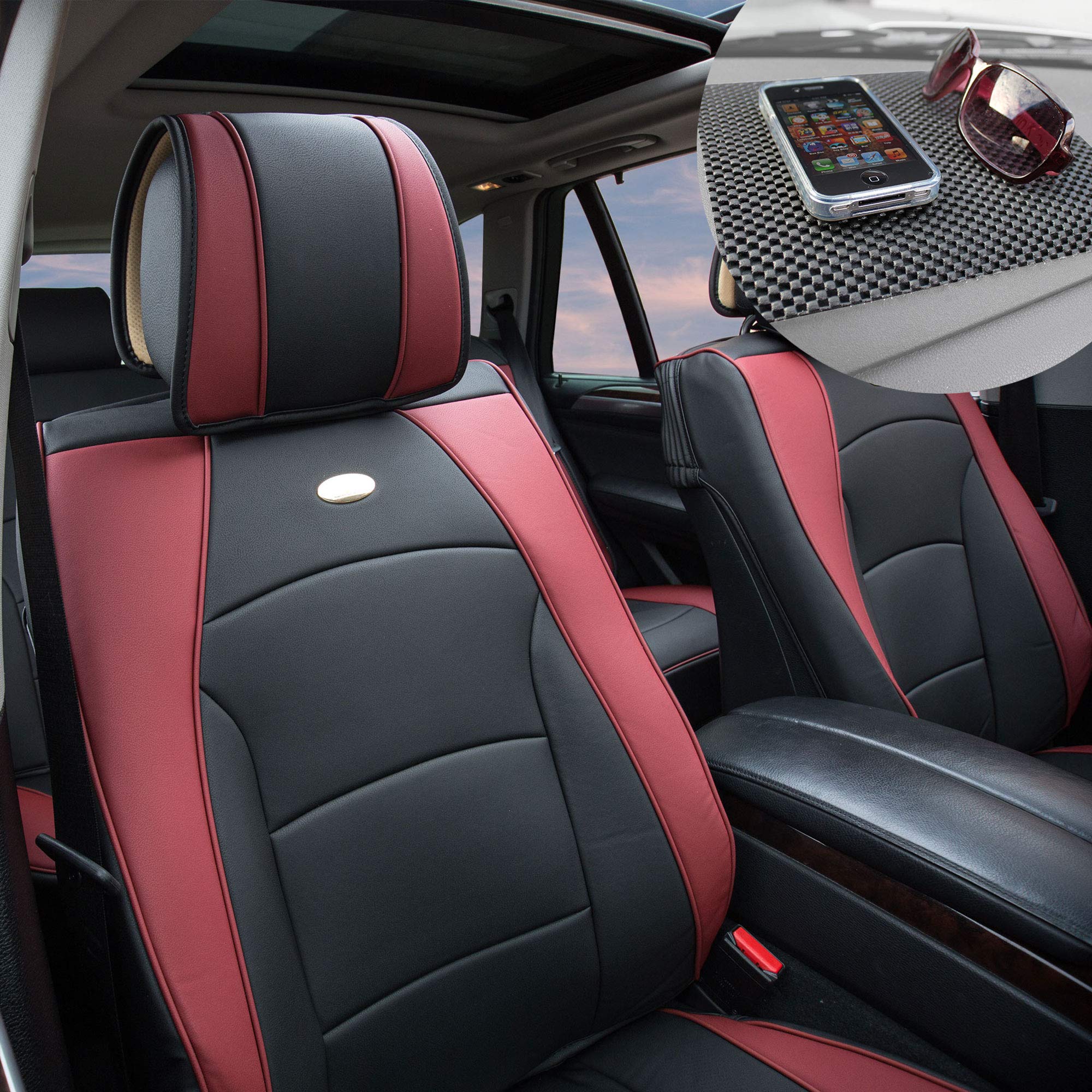 TLH Ultra Comfort Leatherette Seat Cushions - Burgundy Non-Slip Car Seat Covers with Waterproof Dash Mat | Universal Fit for Cars, Trucks & SUVs | Perfect for Commuting, Road Trips & Long Drives