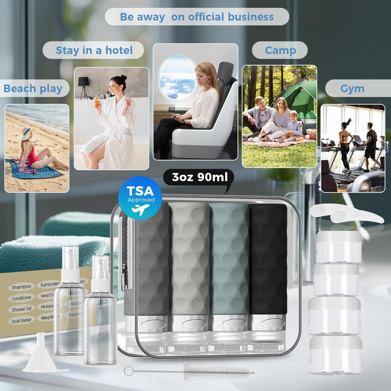 16-Pack TSA Approved Travel Bottles for Toiletries - Leak Proof Refillable Liquid & Cream Containers Set with Toiletry Bag (Gray) - Perfect for Air Travel, Camping & Vacation Essentials