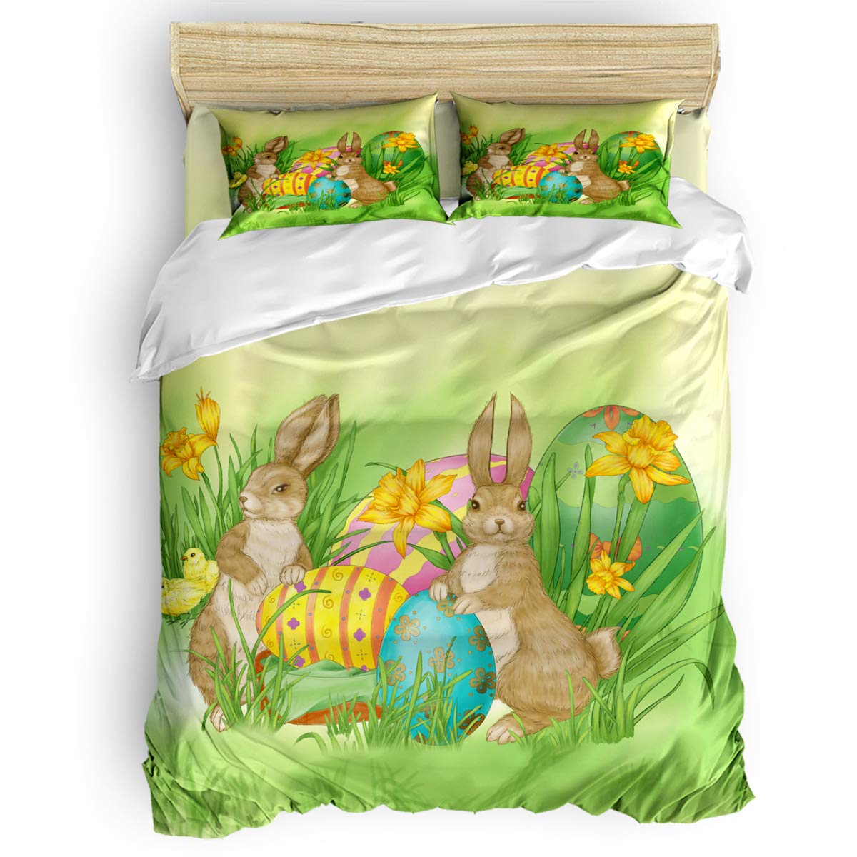 Bilagawa 4-Piece Soft Bedding Set - King Size Duvet Cover, Bed Sheet & 2 Pillowcases - Easter Bunny with Eggs Design - Cozy Home Decor for Spring & Guest Room Styling