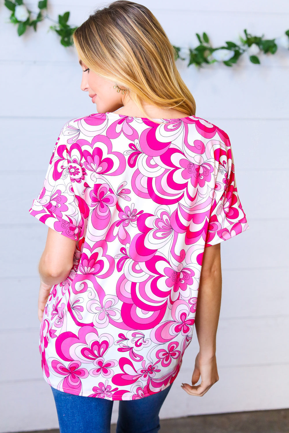 Magenta & White Geometric Floral Print V-Neck Blouse for Women - Elegant Casual Wear for Office, Date Night & Summer Outfits