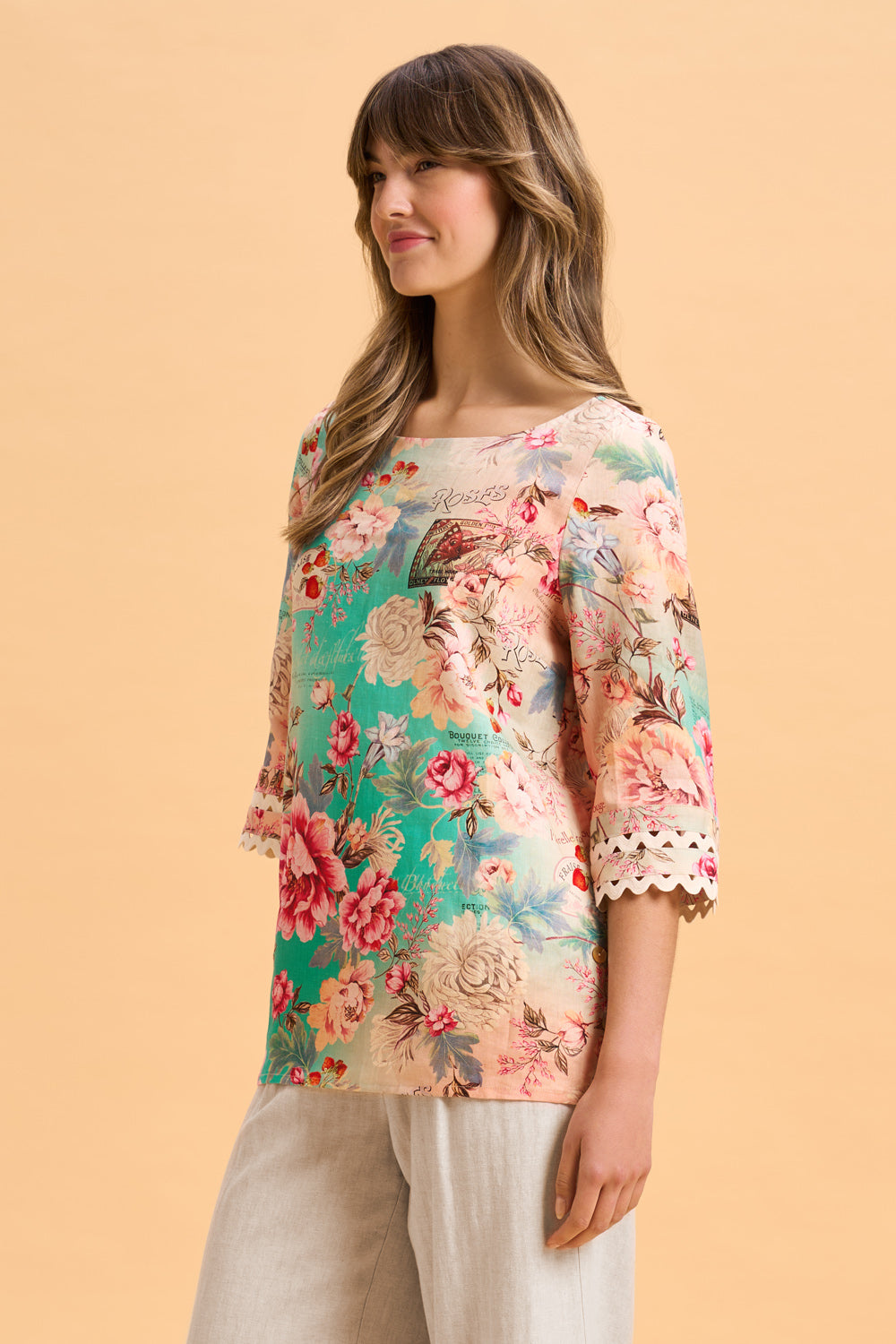 Linen Cuff Detail Top with French Bouquet Print - Elegant Women's Blouse for Summer, Casual Outings & Office Wear