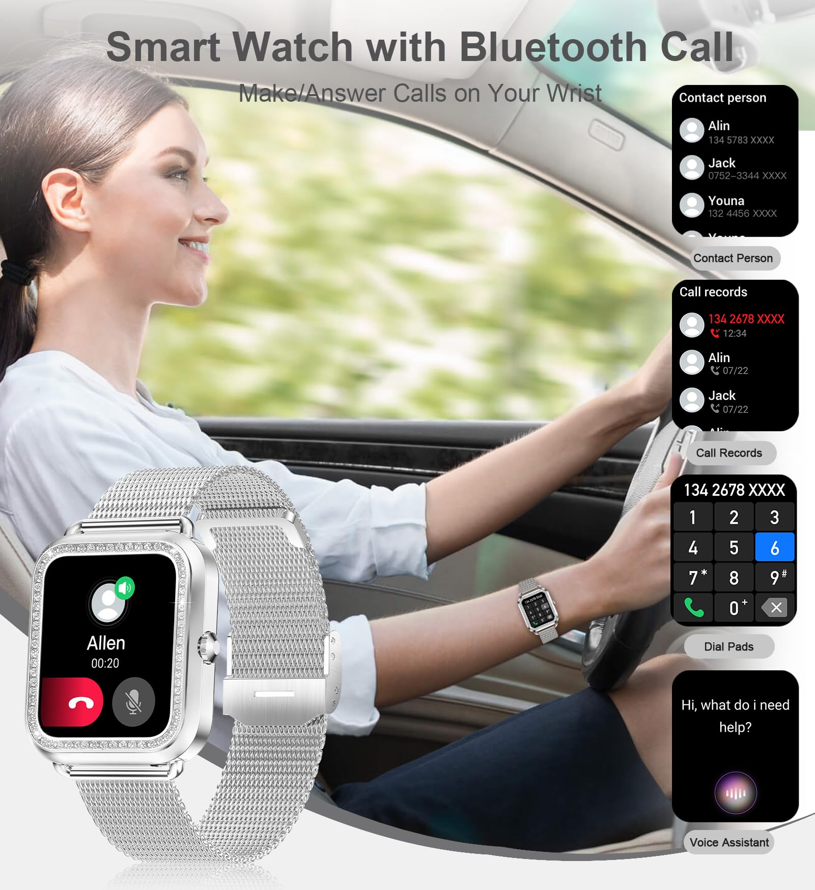 Smart Watch for Women with Bluetooth Calling, Fitness Tracker with Heart Rate & Sleep Monitor, Voice Assistant, Compatible with iOS/Android - Perfect for Workouts, Running & Daily Activity Tracking (Silver)