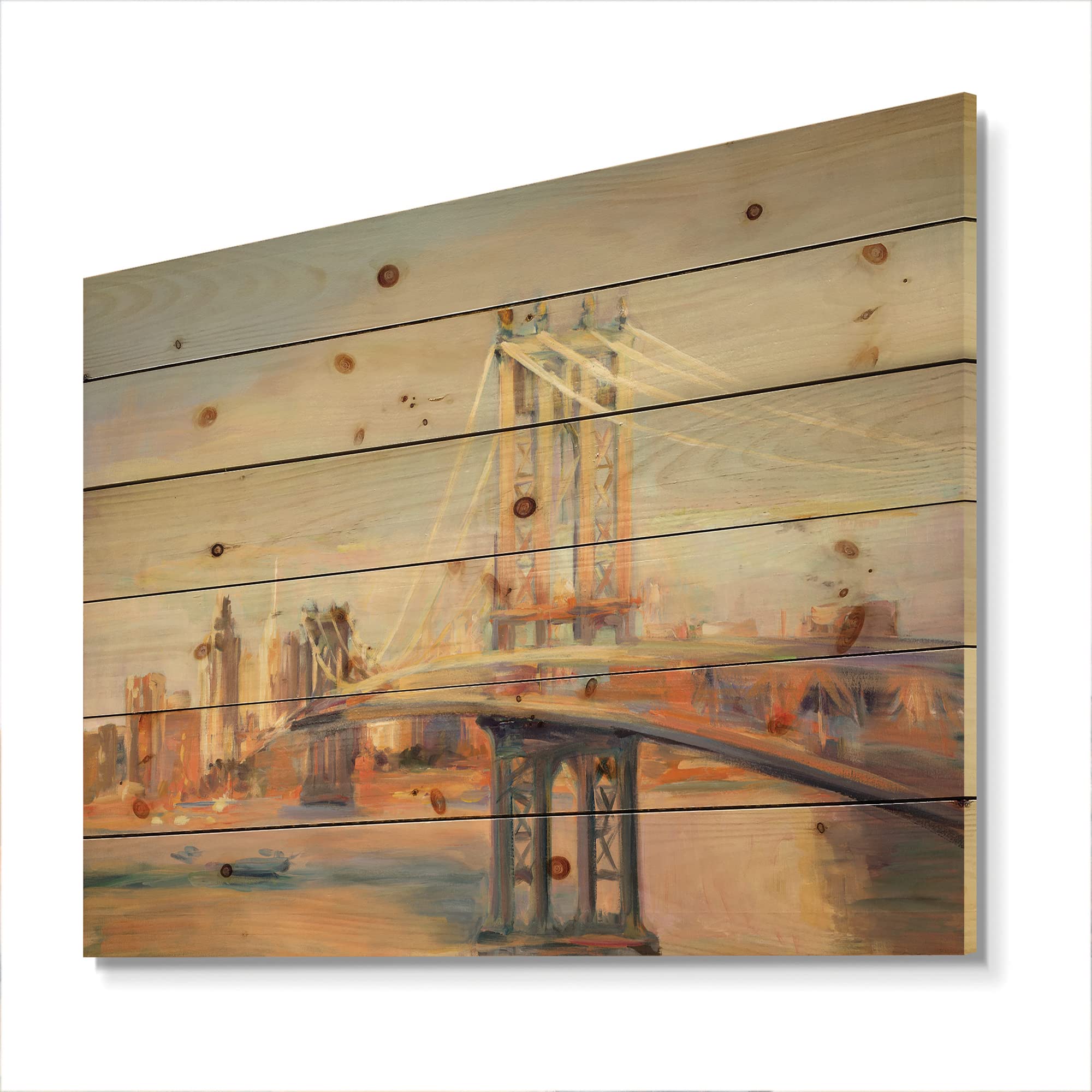 DesignQ Manhattan Brooklyn Bridge Wood Wall Art - Pink Traditional Cityscape Decor, Large Wooden Wall Panels Printed on Natural Pine - Perfect for Living Room, Bedroom & Office Decor