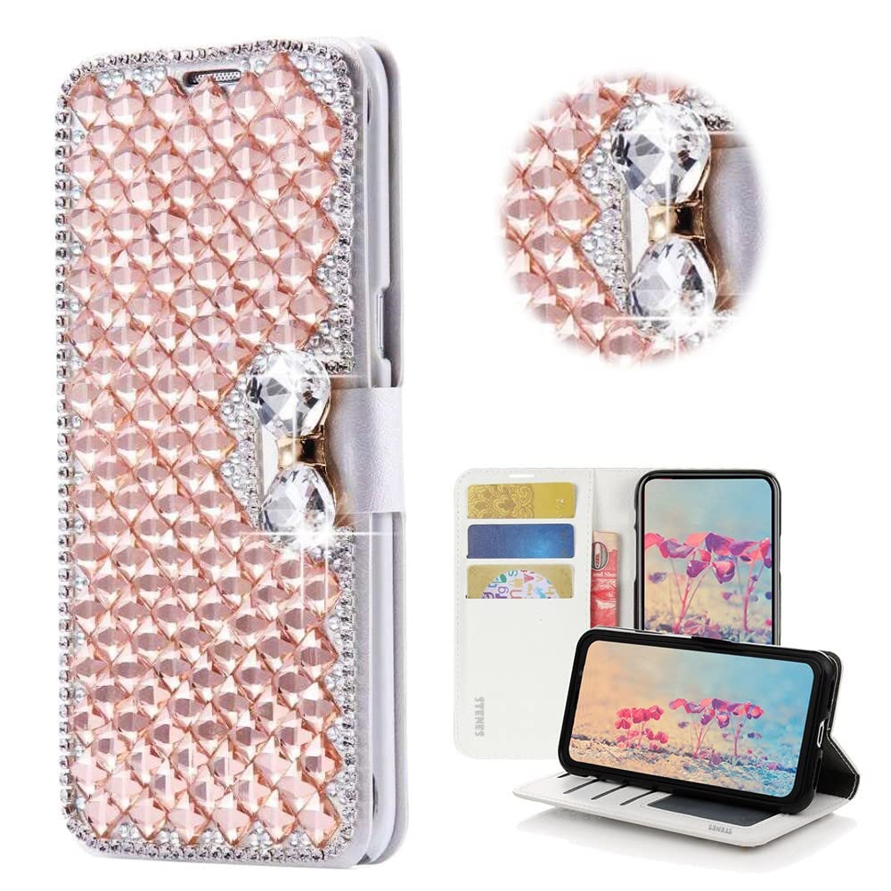 STENES Bling Wallet Phone Case for Moto G Stylus - 3D Handmade Lattice Bowknot Leather Cover with Screen Protector & Neck Strap Lanyard - Champagne Gold - Fashion Women's Purse Case for Daily Use, Shopping & Travel