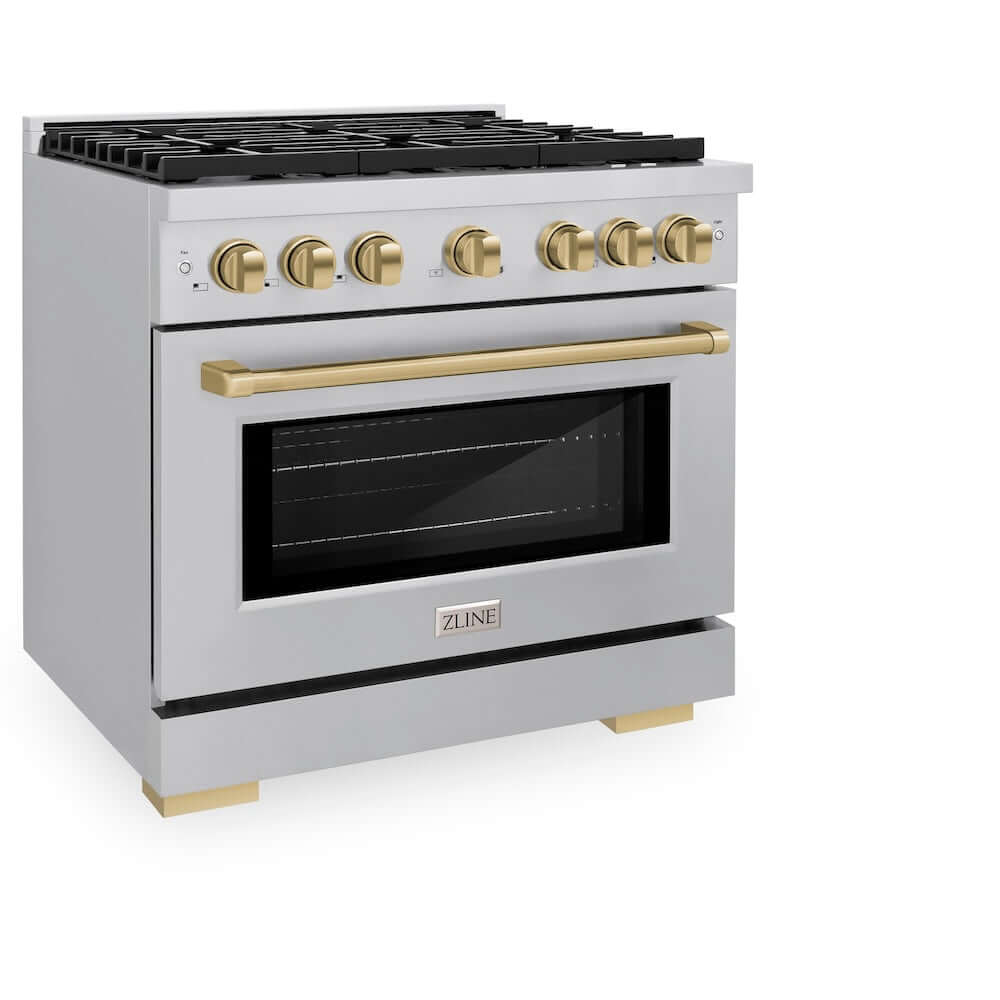 ZLINE Autograph Edition 36 Inch 5.2 cu ft Stainless Steel Gas Range with 6 Burner Cooktop & Convection Oven - Champagne Bronze Accents (SGRZ 36 CB) - Perfect for Professional Home Chefs and Modern Kitchen Upgrades