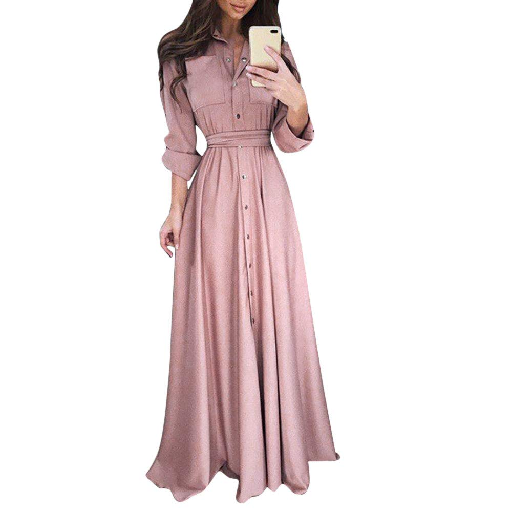 Elegant Women's Long Sleeve Button Down Maxi Dress with Sash - Perfect for Office, Party & Special Occasions