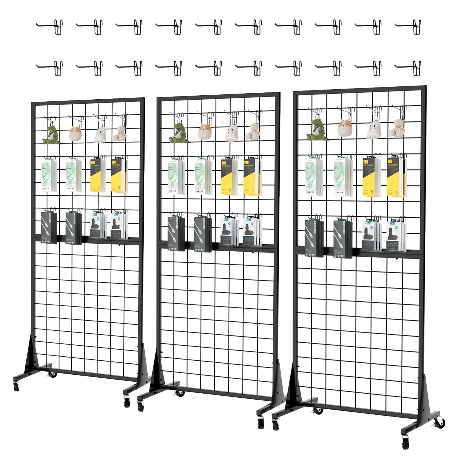 3-Pack Heavy Duty 2'x5.5' Ft Gridwall Panel Display Stands with Triangle Base - Floor Standing Retail Display Rack with 20 Hooks for Store, Boutique, Art Show & Trade Show Displays | Perfect for Clothing, Jewelry, Handbags & Artwork Exhibition