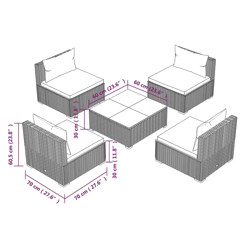 5-Piece Brown/Green Poly Rattan Patio Lounge Set with Cushions - Outdoor Sectional Sofa for Garden, Deck & Backyard Relaxation