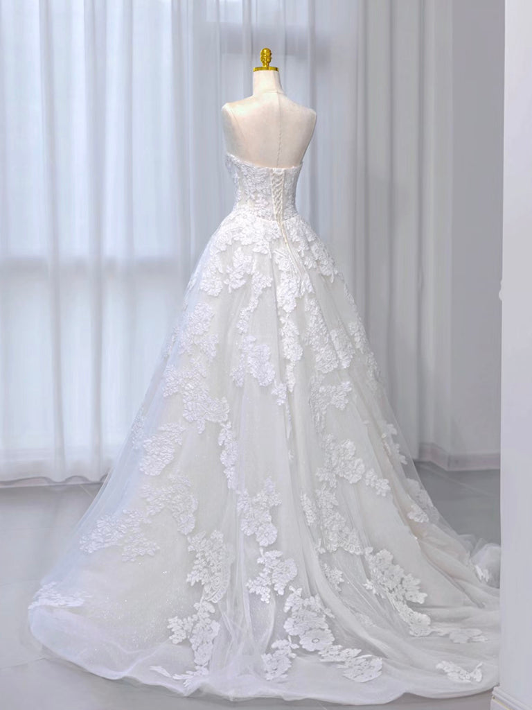 Elegant A-Line Tulle Lace Ivory Wedding Dress with Sweep Train - Perfect for Bridal Ceremonies, Vow Renewals & Formal Events