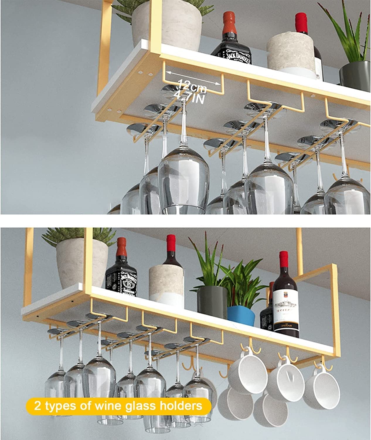 European Style Ceiling Wine Glass Holder & Hanging Plant Stand - Multi-Functional Wall Mounted Storage Rack for Kitchen, Living Room, Bar or Cafe Decor - Perfect for Upside Down Glass Display and Space-Saving Home Organization