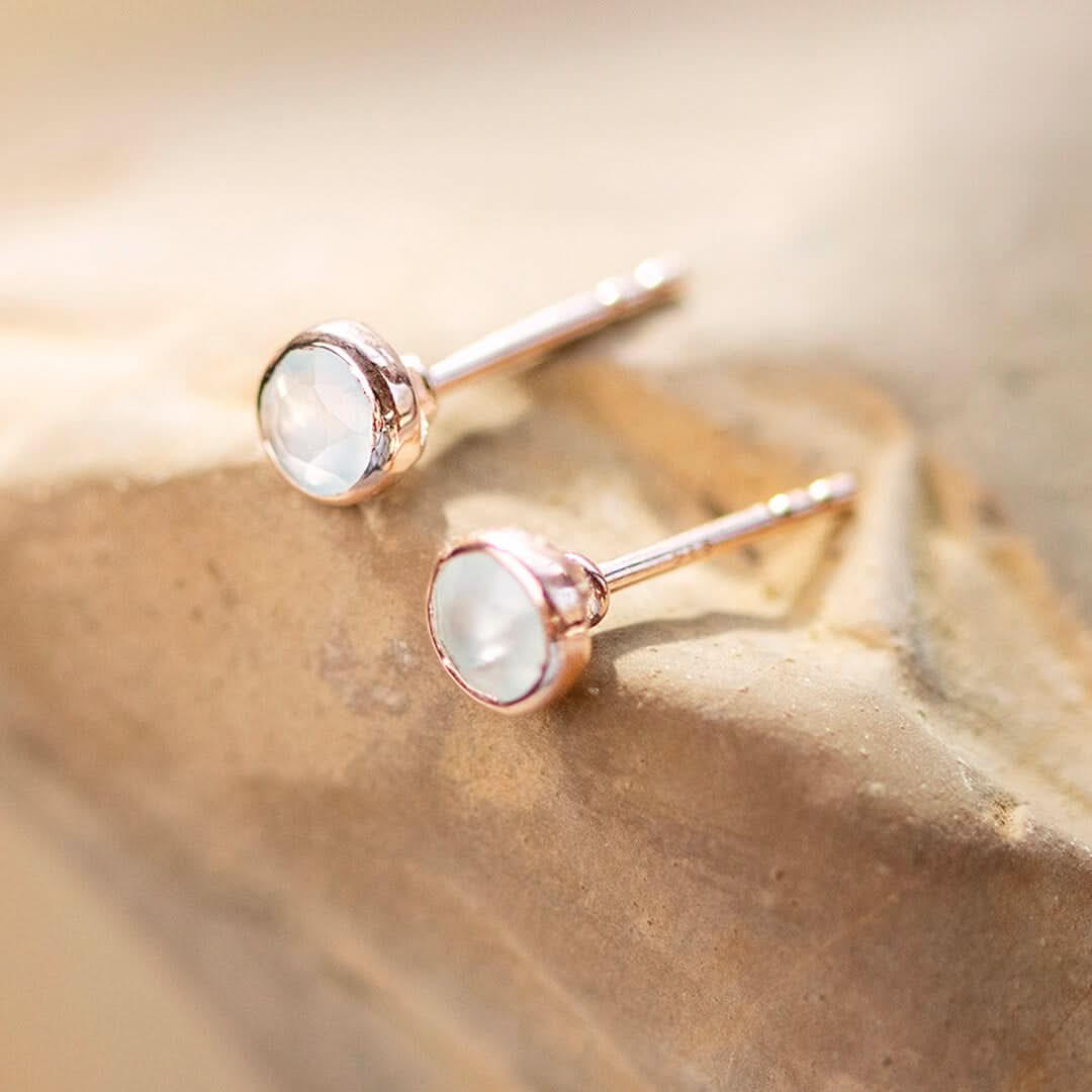 Aqua Chalcedony Stud Earrings for Women - Rose Gold Plated March Birthstone Jewelry - Perfect Gift for Birthday, Anniversary & Everyday Wear