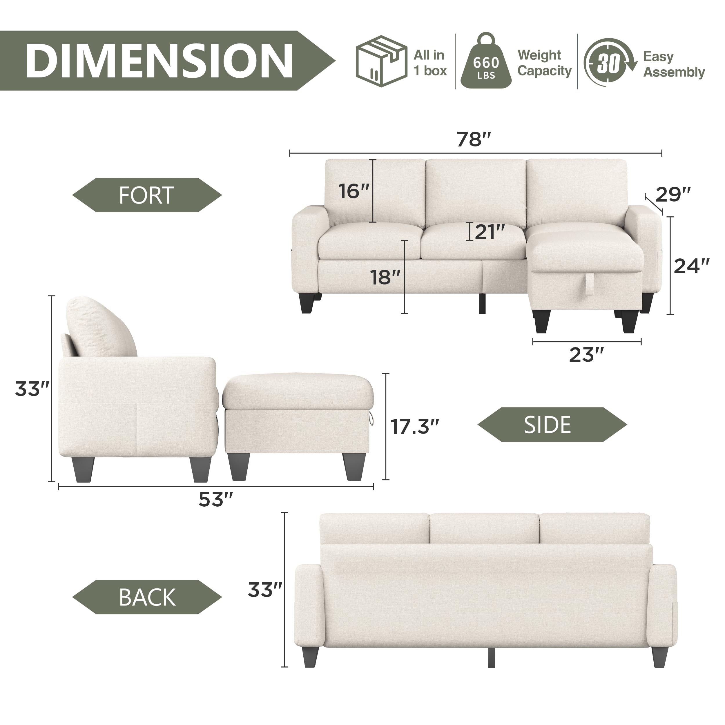 Convertible Sectional Sofa L-Shaped Couch with Reversible Chaise - 3-Seat Modern Linen Sofa for Living Room, Apartment, Office - Beige Fabric Sectional for Small Spaces | Perfect for Family Gatherings, Movie Nights & Home Office Comfort