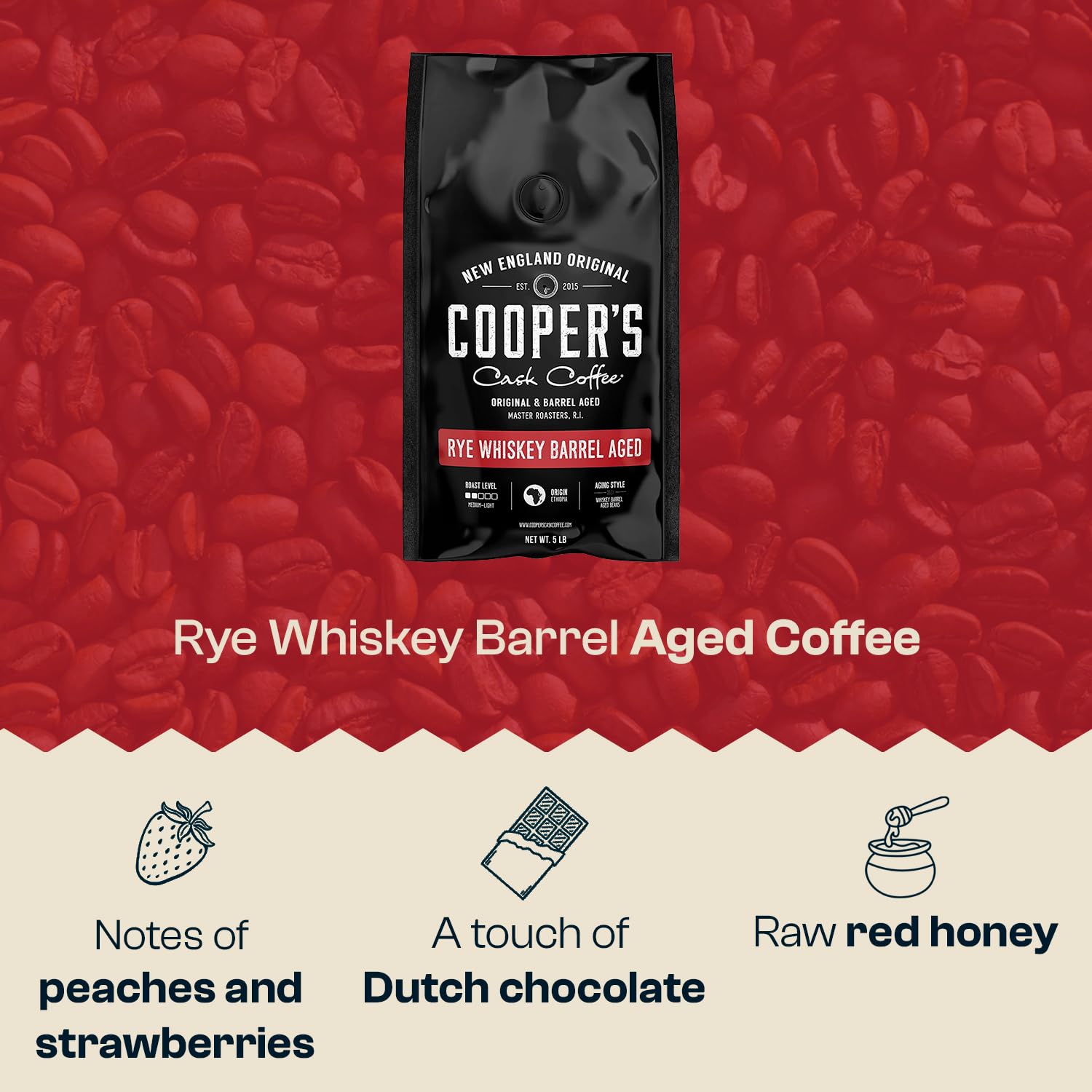Rye Whiskey Barrel Aged Coffee Beans - Single Origin Ethiopian, Freshly Roasted Whole Beans Aged in Rye Whiskey Casks, 5lb Bag by Battle Cry Whiskey | Perfect for Coffee Enthusiasts, Gourmet Gifts & Whiskey Lovers