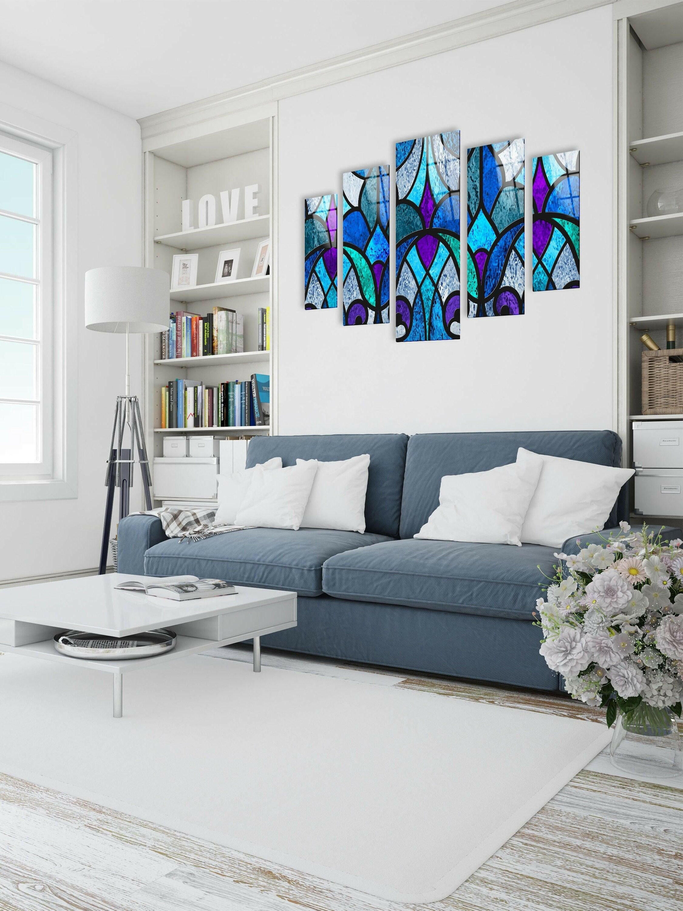 Handmade Blue Stained Glass Wall Art Decor - Elegant Tiffany Style Window Panel for Home, Church & Wedding Decorations