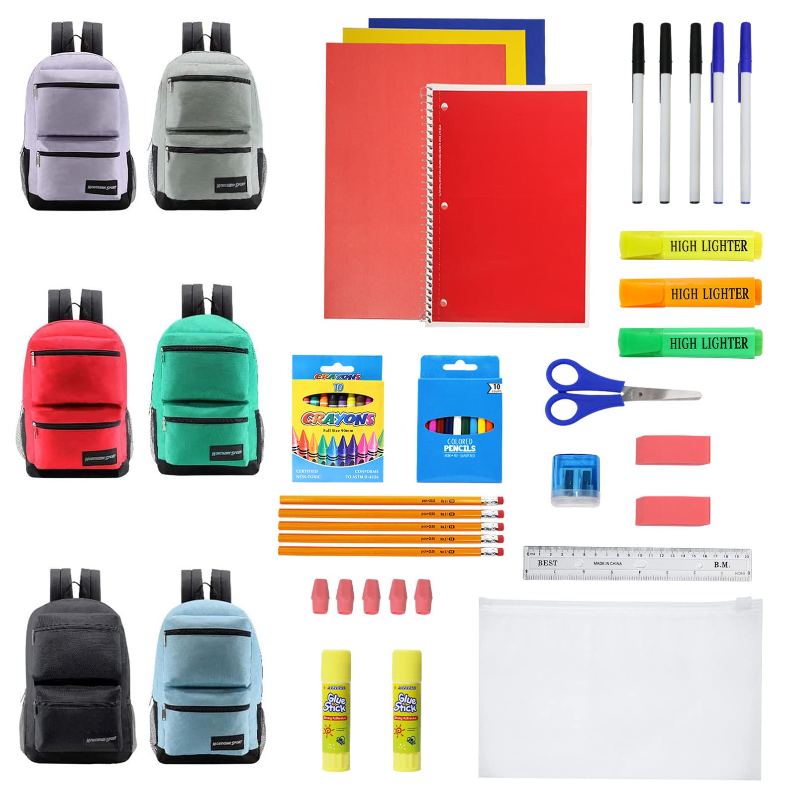 12-Pack 17 Inch School Backpacks with 50-Piece School Supplies Kit - Includes Pens, Pencils & Crayons - Bulk Backpack Bundle for Elementary, Middle & High School Students - 6 Color Styles - Perfect for School, Travel & Daily Use