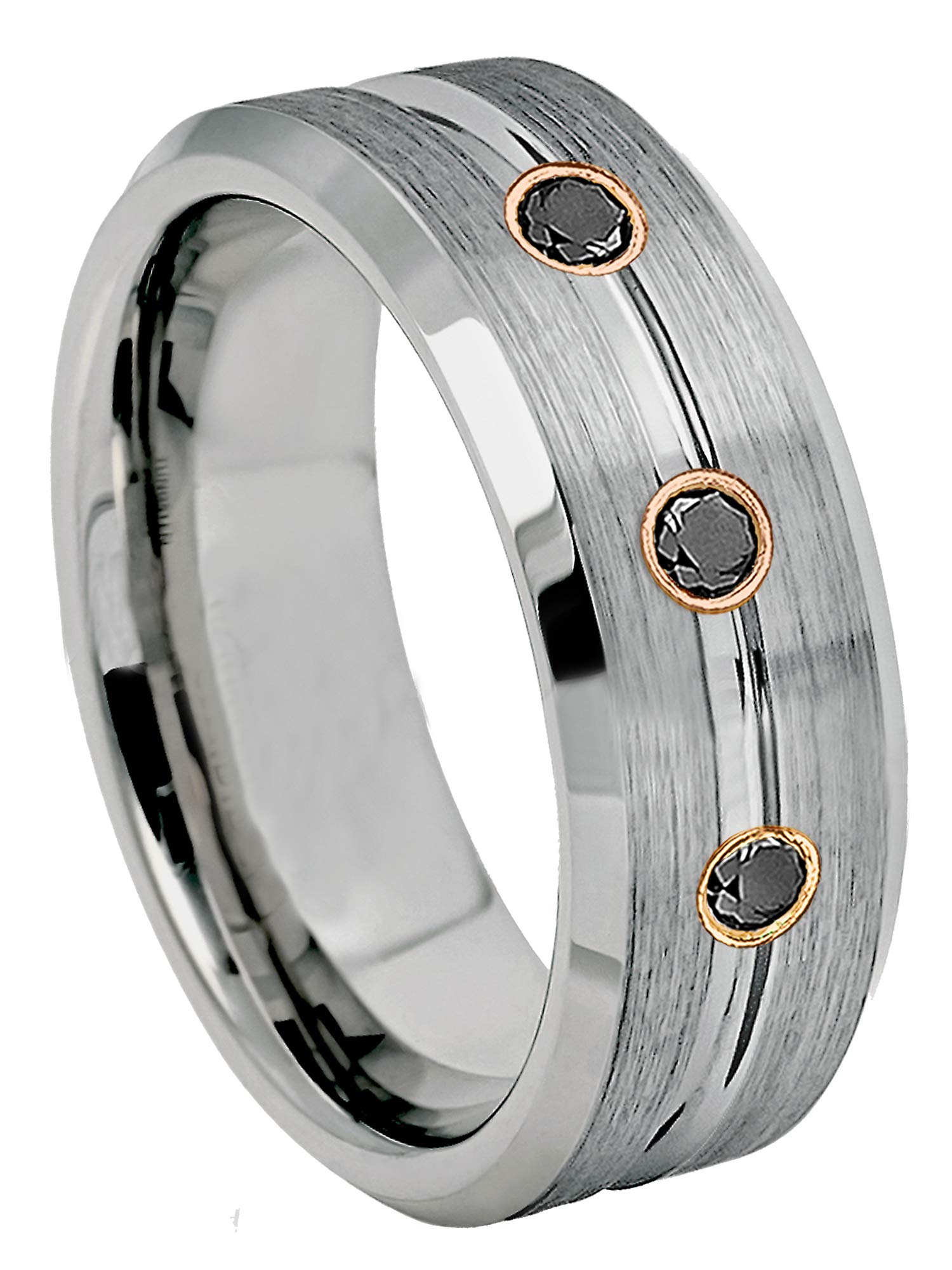 9MM Brushed Tungsten Carbide Wedding Band with Grooved Center & Beveled Edge - 0.21ctw Black Diamond 3-Stone Ring for Men - Durable & Scratch-Resistant Jewelry for Anniversary, Engagement & Everyday Wear