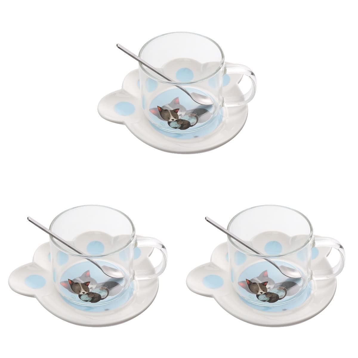 YARNOW 9-Piece Transparent Glass Coffee Mug Set - Adorable Cat Design with Tray & Spoon, Perfect for Afternoon Tea, Home Decor, and Gift Giving (Blue)