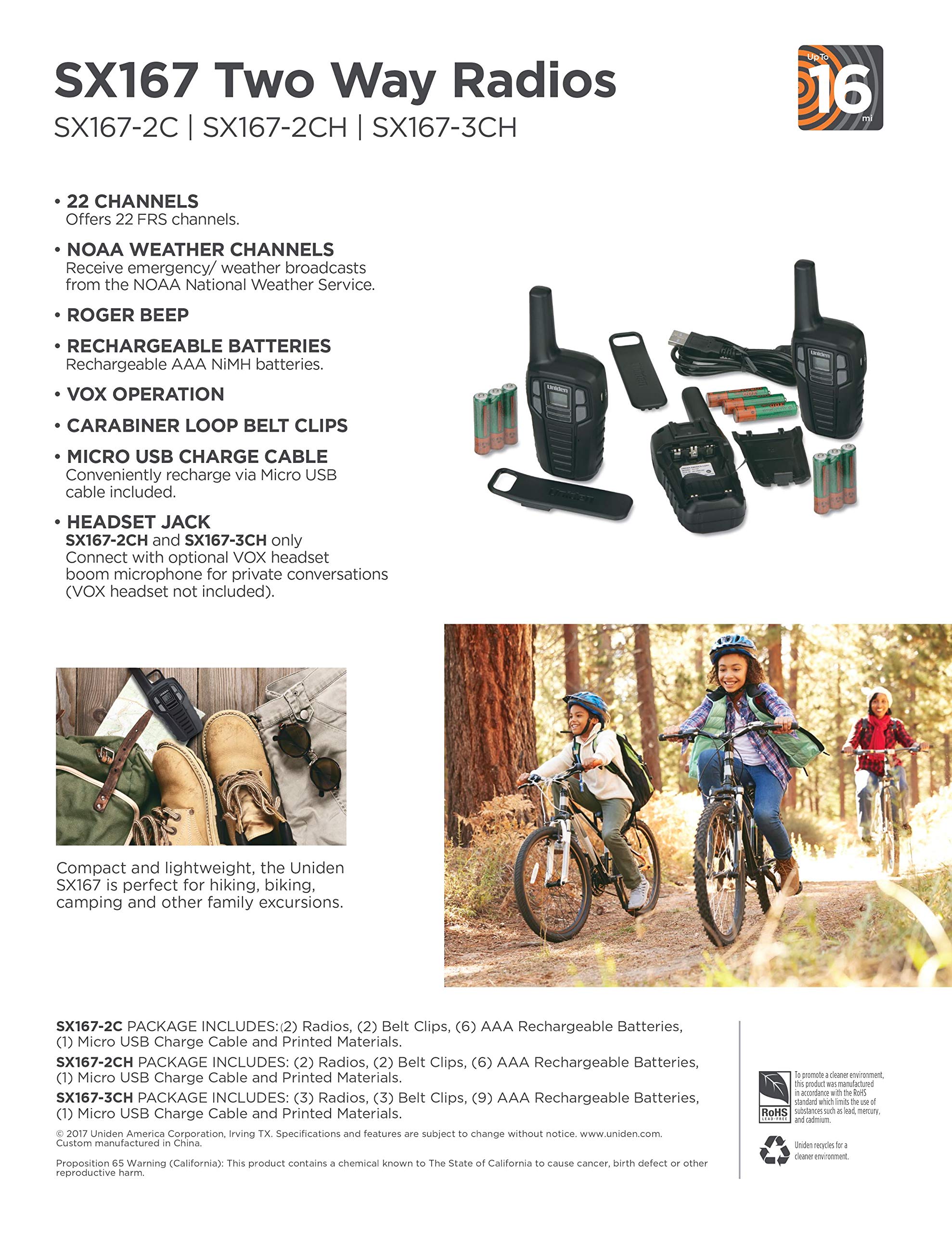 Uniden SX167-2C 16-Mile Range Rechargeable Two-Way Radios Walkie Talkies with NOAA Weather Alerts, Roger Beep & Charging Cable - 2 Pack Black - Ideal for Camping, Hiking, Outdoor Adventures & Emergency Communication