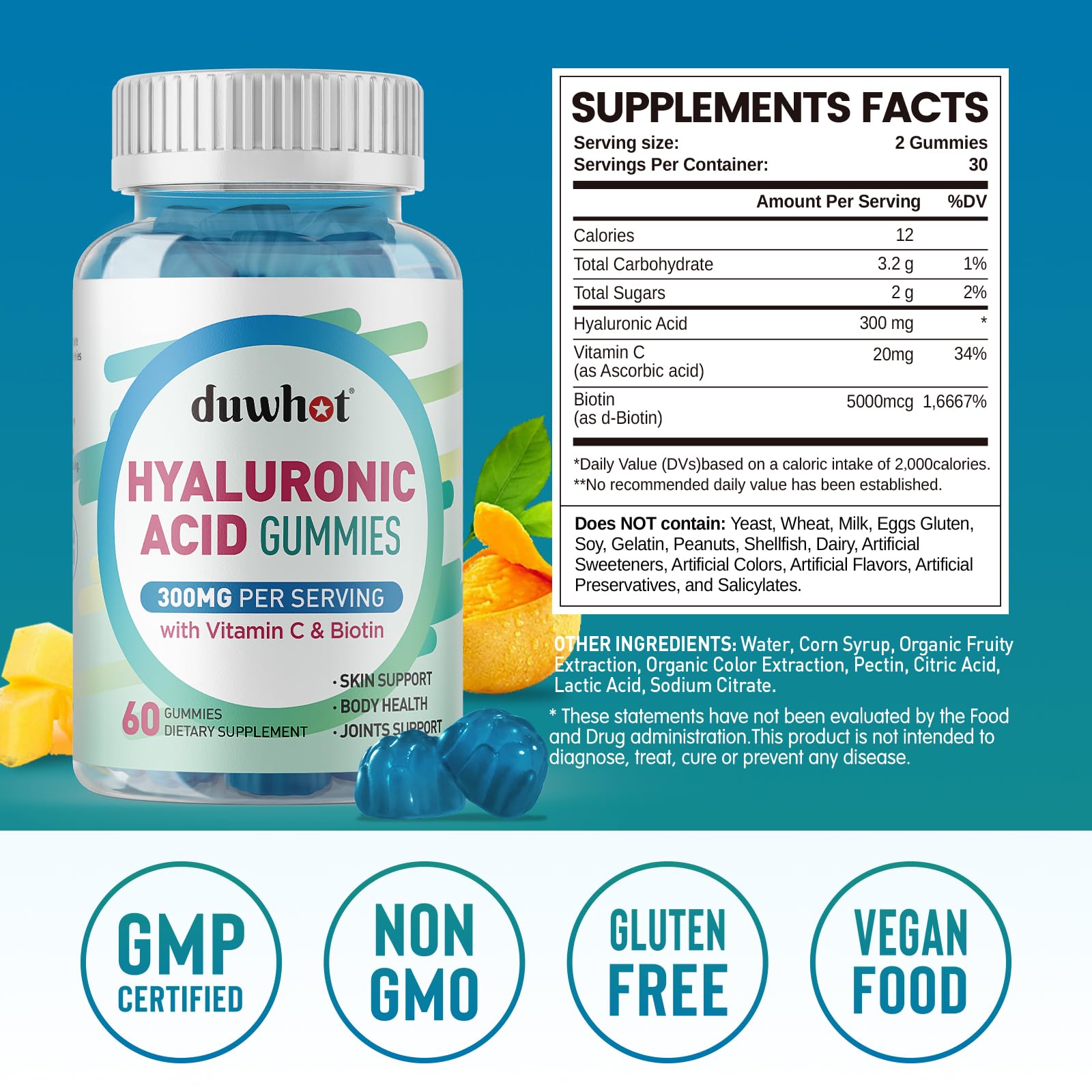 Hyaluronic Acid Gummies with Vitamin C & Biotin 5000mcg - Skin, Hair & Nails Supplement - 60 Chewable Gummies for Hydration & Collagen Support | Perfect for Daily Beauty Routine & Anti-Aging Care