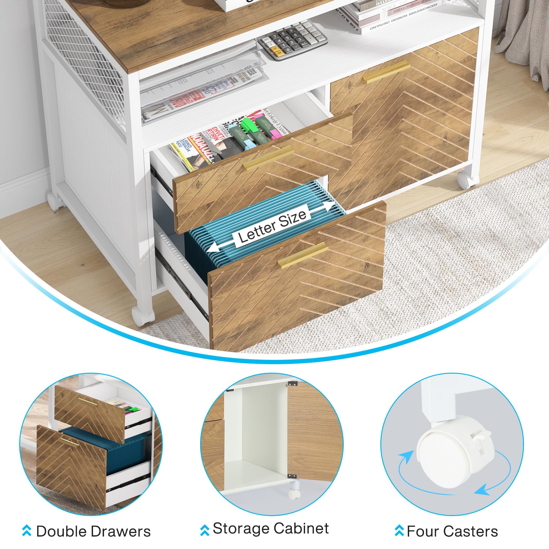 Tribesigns Modern Lateral File Cabinet with 2 Drawers & Door - Letter Size Home Office Storage with Rolling Casters & Printer Stand - Perfect for Organizing Documents, Supplies & Office Equipment