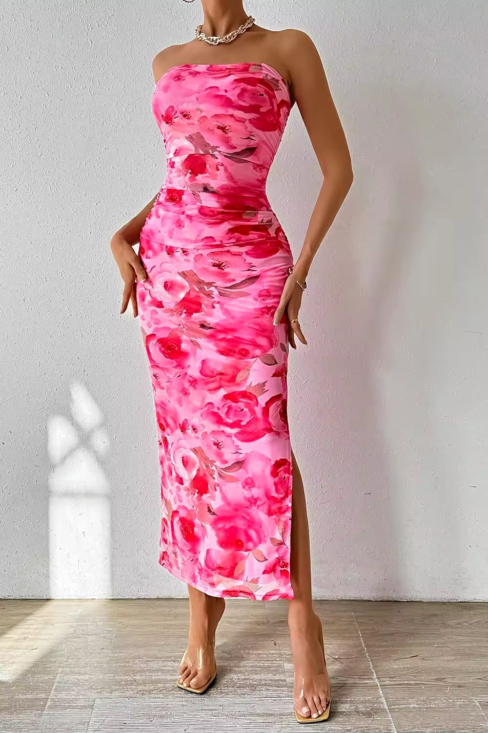Mia Floral Printed Bodycon Midi Dress for Women - Sexy Slim Fit Party Cocktail Dress for Night Out, Date Night & Special Occasions