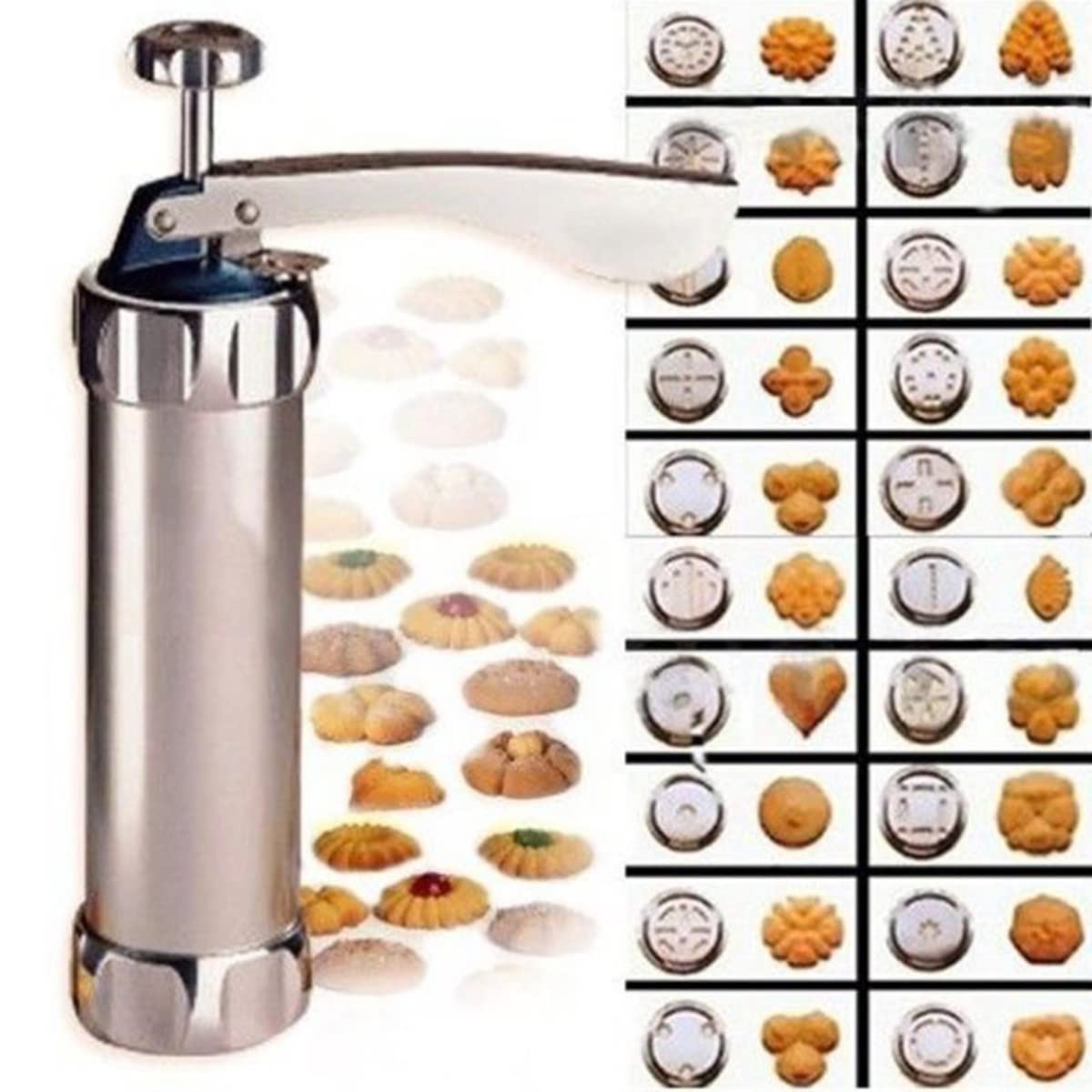 Stainless Steel Cookie Press Gun - 20 Biscuit Mold Discs & 4 Piping Nozzles Icing Kit for Cake Decorating, DIY Cookie Maker - Perfect for Holiday Baking, Party Treats & Home Dessert Decorations