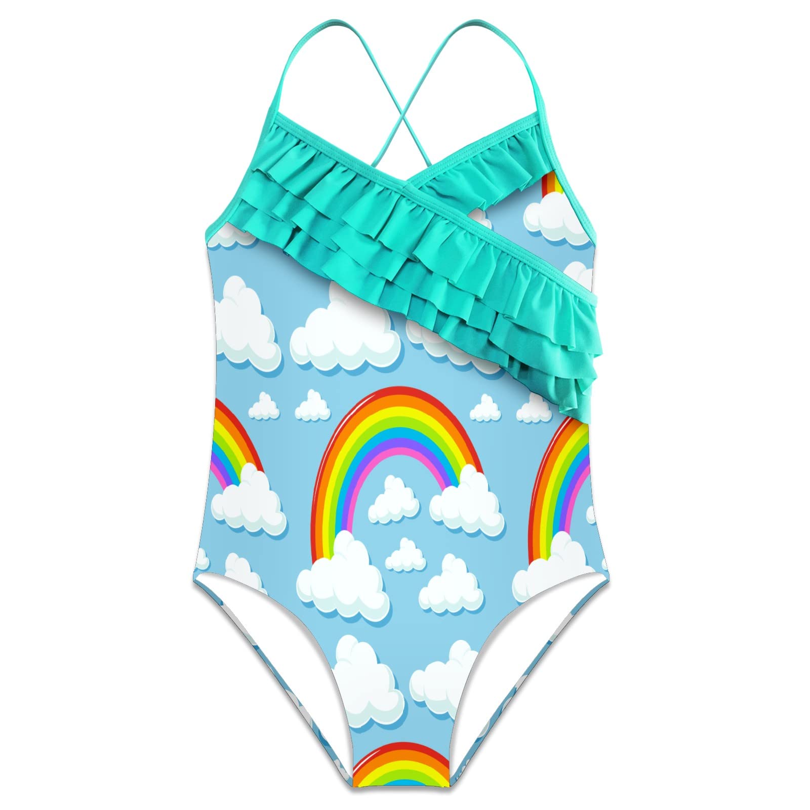 Hawaiian Ruffle One Piece Swimsuits for Girls - Rainbow Clouds Print Beach Swimwear | Perfect for Pool Parties, Summer Vacations & Water Activities