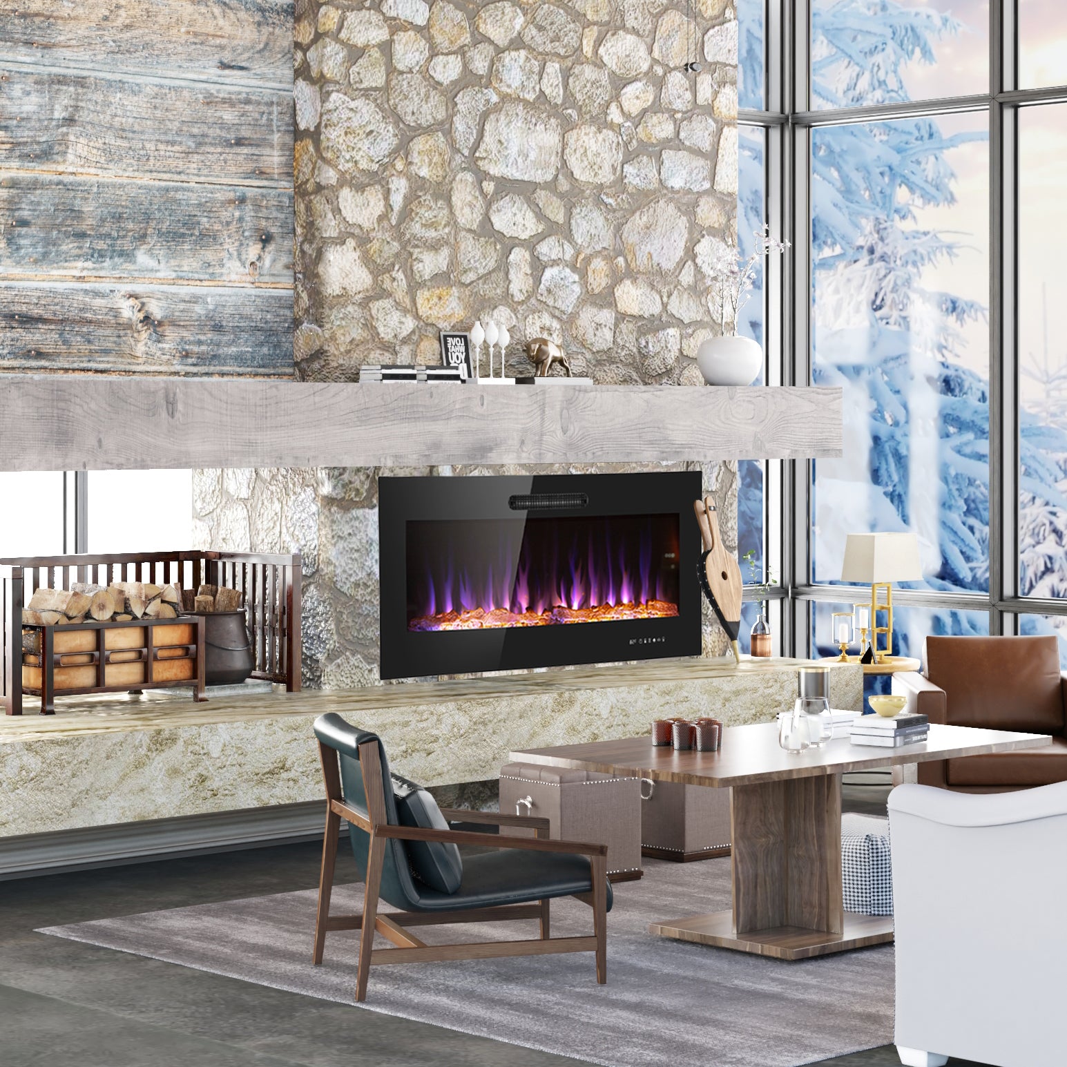 42 Inch LED Slim Electric Fireplace Insert - Wall Mounted Fireplace with 1500W Heater, Realistic Adjustable Flame, Remote Control (Log & Crystal Ember Options) - Perfect for Living Room, Bedroom & Office Heating & Decor