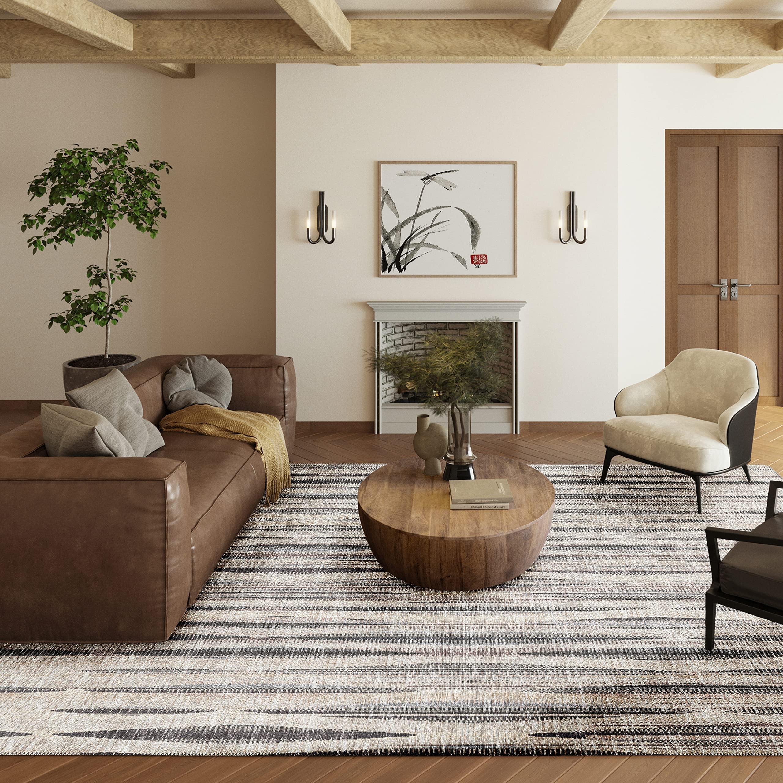 Waverly AWA31 8' x 10' Beige Indoor/Outdoor Area Rug - Stain Resistant, Machine Washable, Non-Shedding - Perfect for Bedroom, Living Room, Dining Room & Kitchen - Durable Floor Covering for Patio, Deck or Sunroom