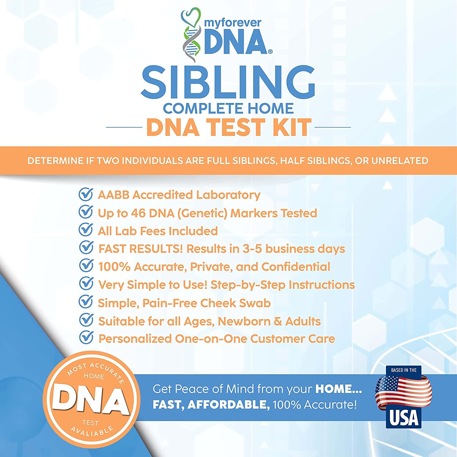 Home Sibling DNA Test Kit - 46 Genetic Markers Analyzed with 100% Accuracy | Fast, Confidential Results | Includes All Lab Fees & Shipping | Perfect for Family History Research, Legal Cases & Personal Discovery