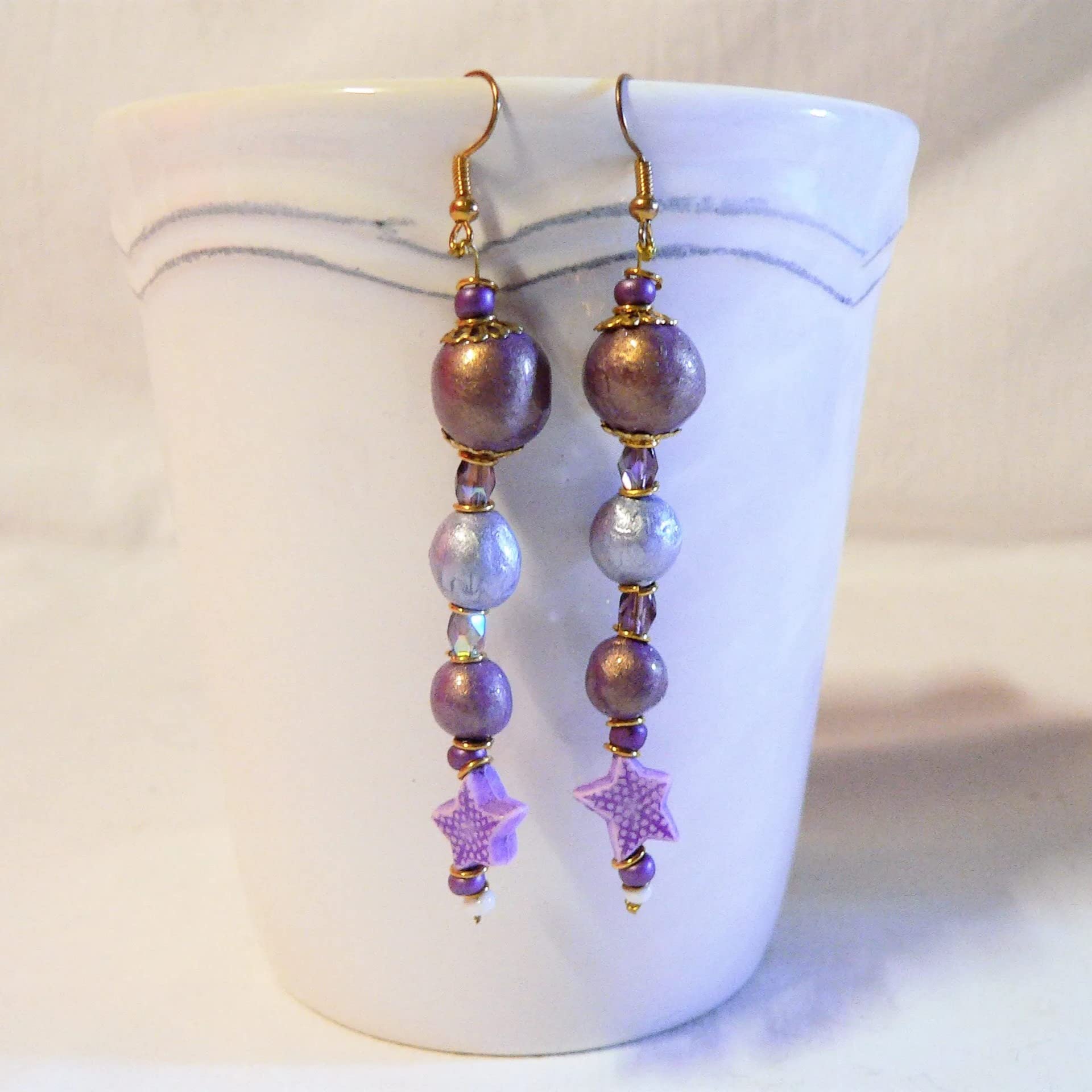 Women's Ceramic Earrings - Purple & Lilac Blue Shell and Crustacean Design | Handmade Boho Jewelry for Beach Vacations & Summer Outfits