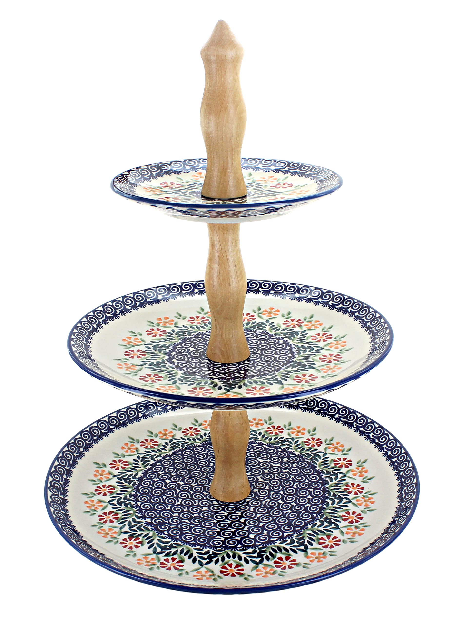 Blue Rose Polish Pottery 3-Tier Dessert Stand - Elegant Serving Tray for Garden Parties, Afternoon Tea & Wedding Receptions