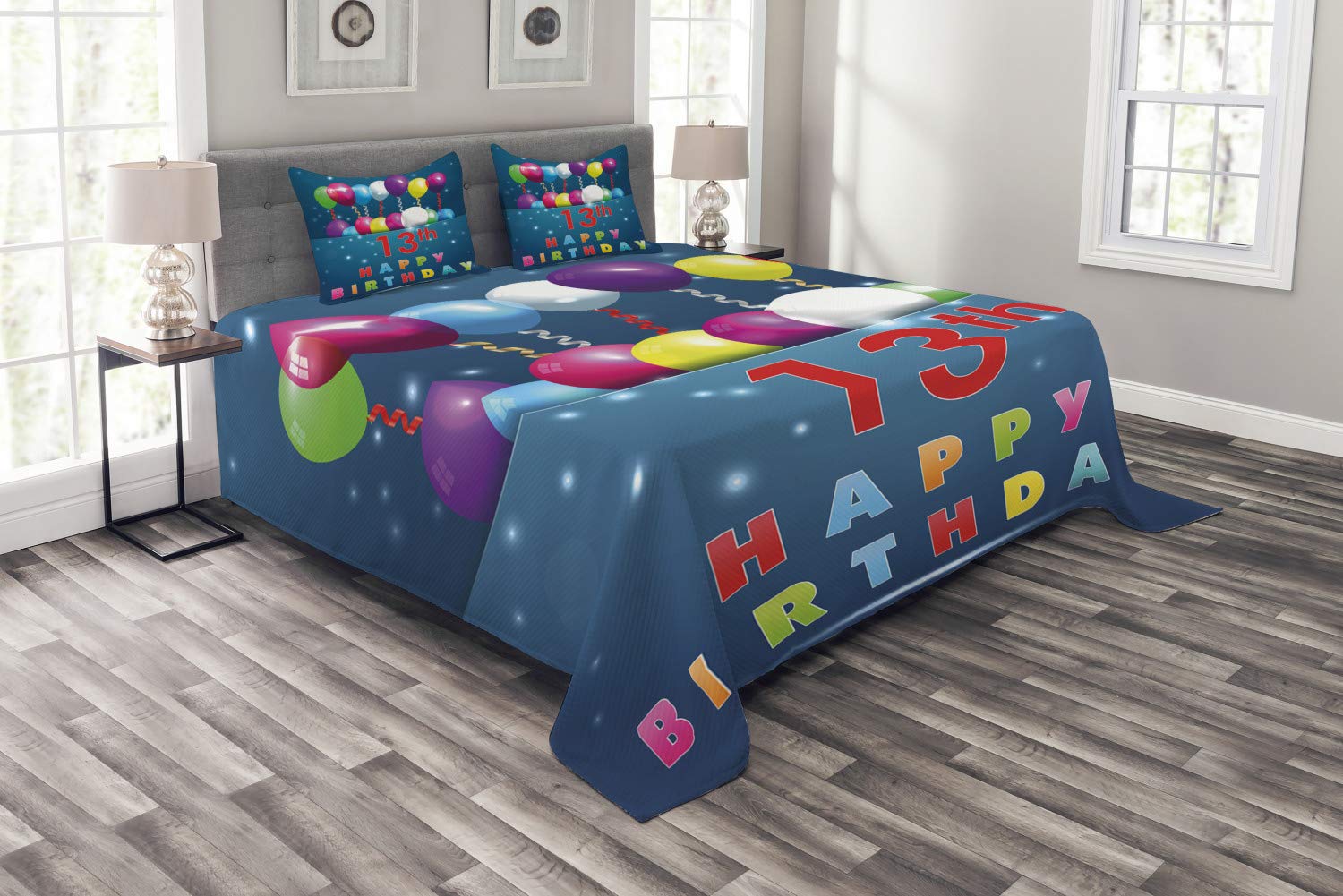 Ambesonne 13th Birthday Bedspread Set - Colorful Teen Celebration Bedding with Balloons, Ribbons & Stars - 3-Piece King Size Coverlet & 2 Pillow Shams - Perfect for Birthday Parties, Room Decor & Surprise Events
