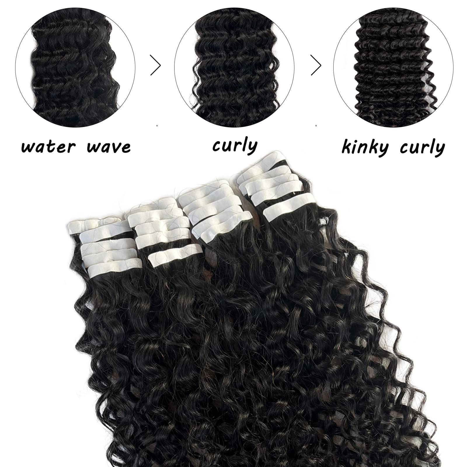Munx 22inch Black Tape in Hair Extensions - 50g 20pcs Natural Curly Human Hair Weft - Remy Quality Black Wave Hair Extensions for Length & Volume - Perfect for Parties, Weddings & Daily Styling
