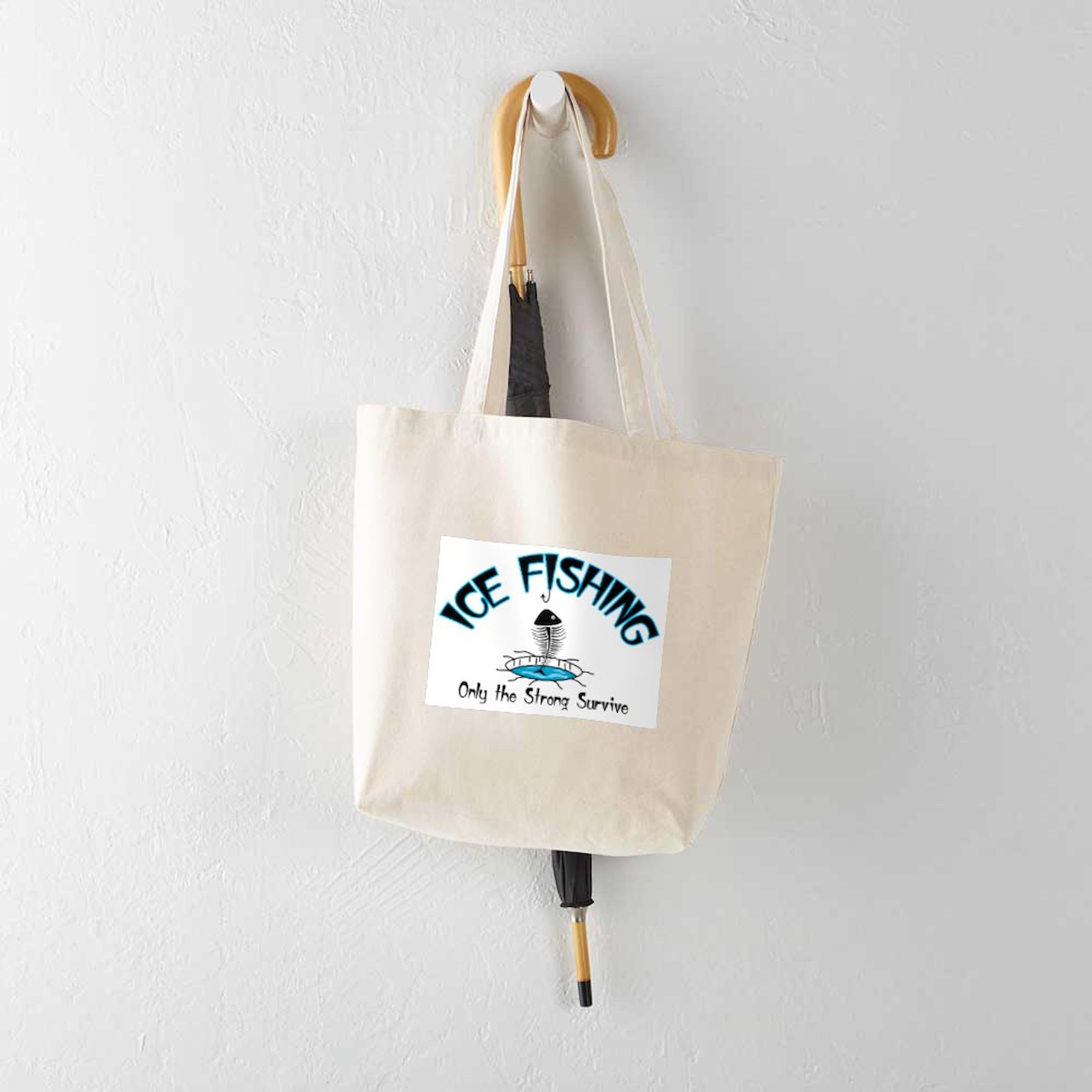 Ice Fishing Tote Bag - Natural Canvas Reusable Shopping Bag for Outdoor Fishing & Grocery Trips