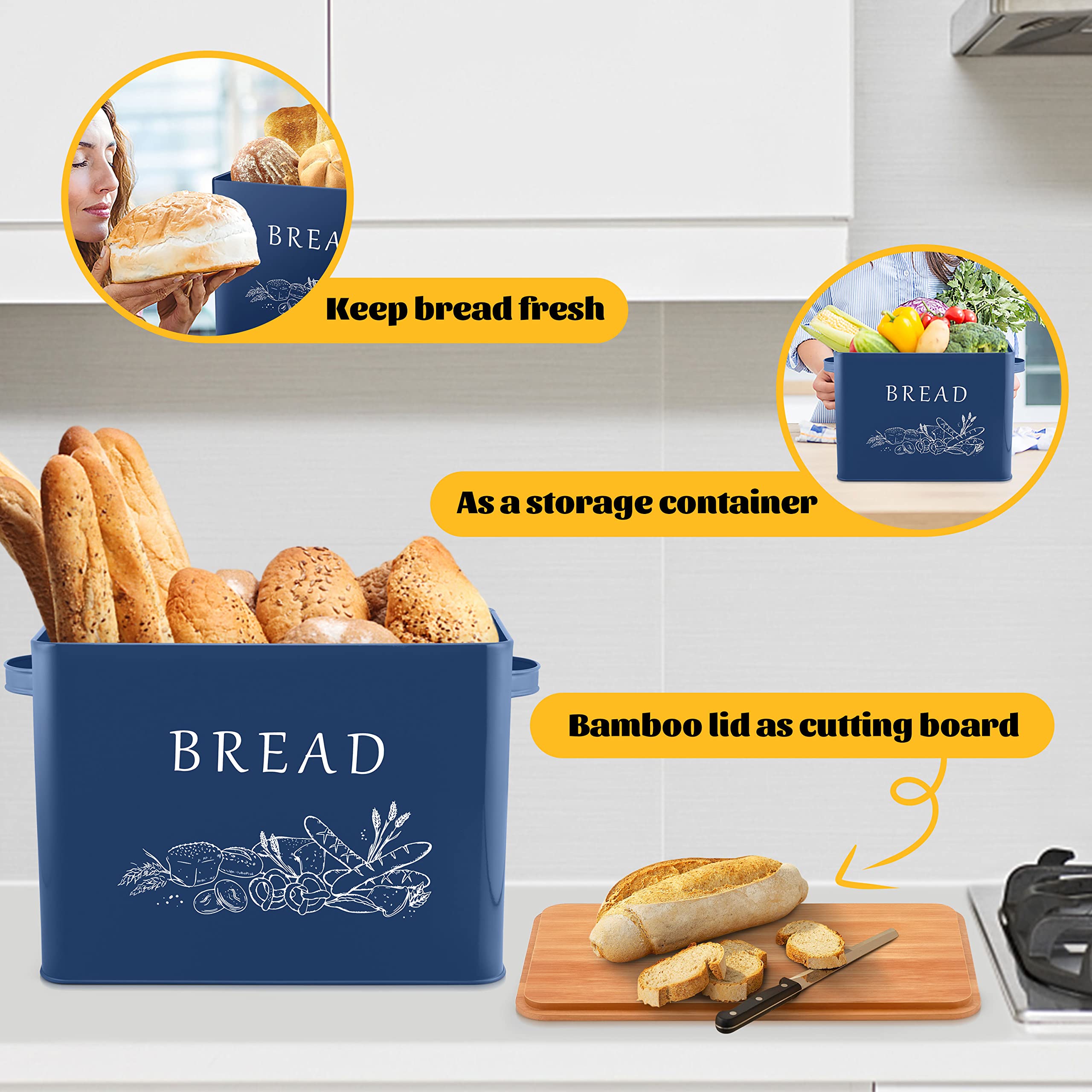 Farmhouse Style Extra Large Metal Bread Box with Bamboo Lid - 13” x 7.2” x 9.8” Navy Blue Bread Storage Container for Kitchen Countertop | Perfect for Bread, Baguettes & Pastries - Rustic Kitchen Organization & Decoration