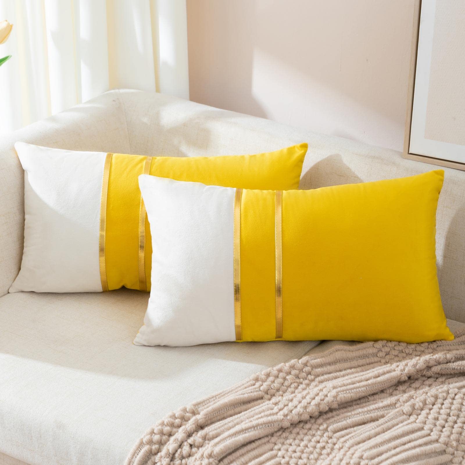 ZLINA Set of 2 Velvet Decorative Lumbar Pillow Covers - Yellow & White Patchwork with Gold Leather Trim, 12×20 Inch Cushion Covers for Sofa, Bed & Car Decor | Luxury Home Accents for Living Room, Bedroom & Vehicle Interior