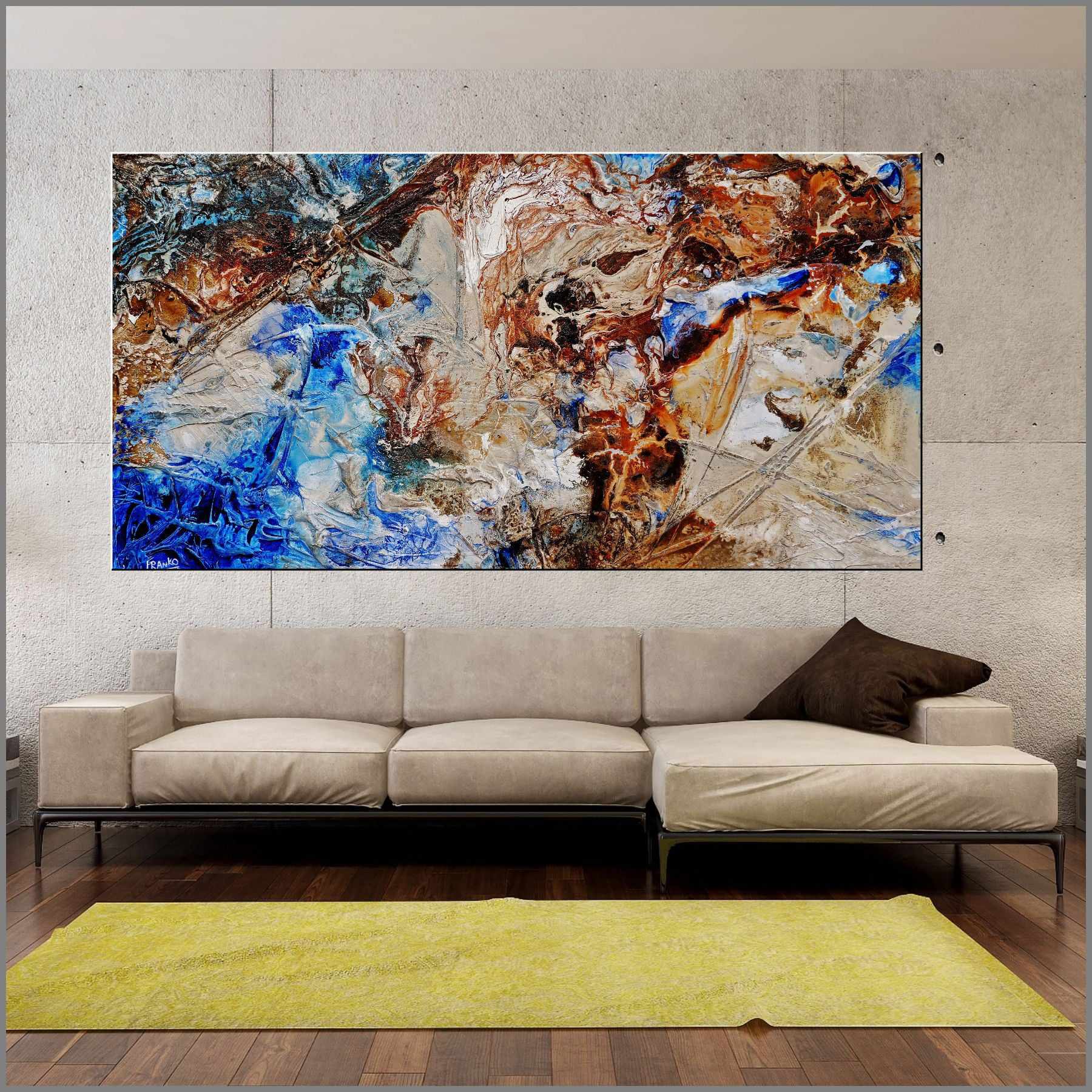 190cm x 100cm Cream Blue Textured Abstract Painting - Sapphired Rust Design - Modern Wall Art for Living Room, Bedroom & Office Decor