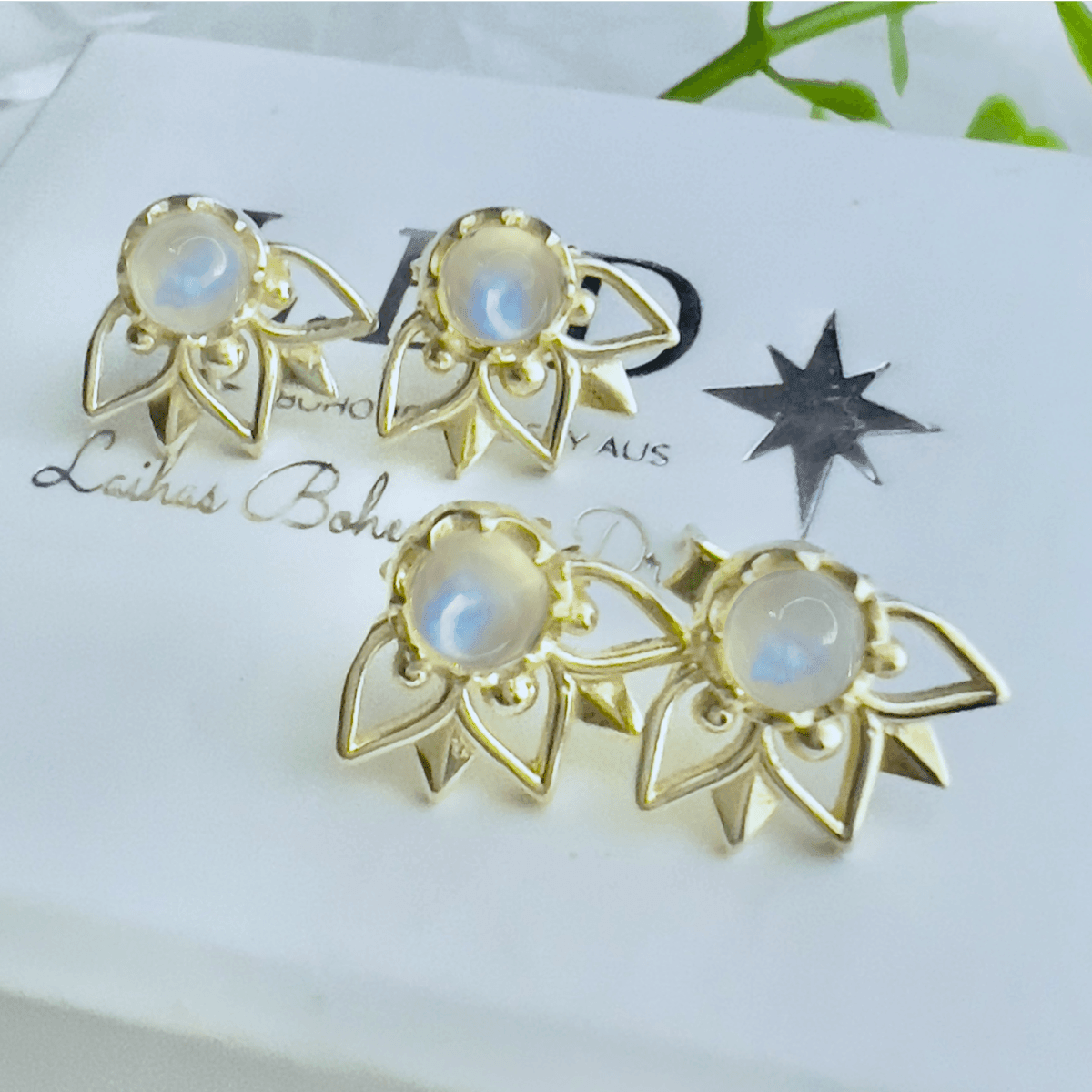 Laihas Gold Moonstone Stud Earrings for Women - Dainty Floral Inflorescence Design - Perfect for Weddings, Parties & Everyday Elegance