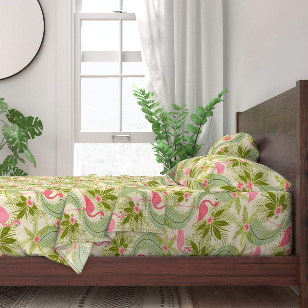 Premium 100% Cotton Twin 3-Piece Sheet Set | Flamingo Tropical Palm Tree Retro Hibiscus Floral Print Bedding | Soft & Breathable for Comfortable Sleep | Perfect for Beach House, Boho Bedroom or Tropical-Themed Decor