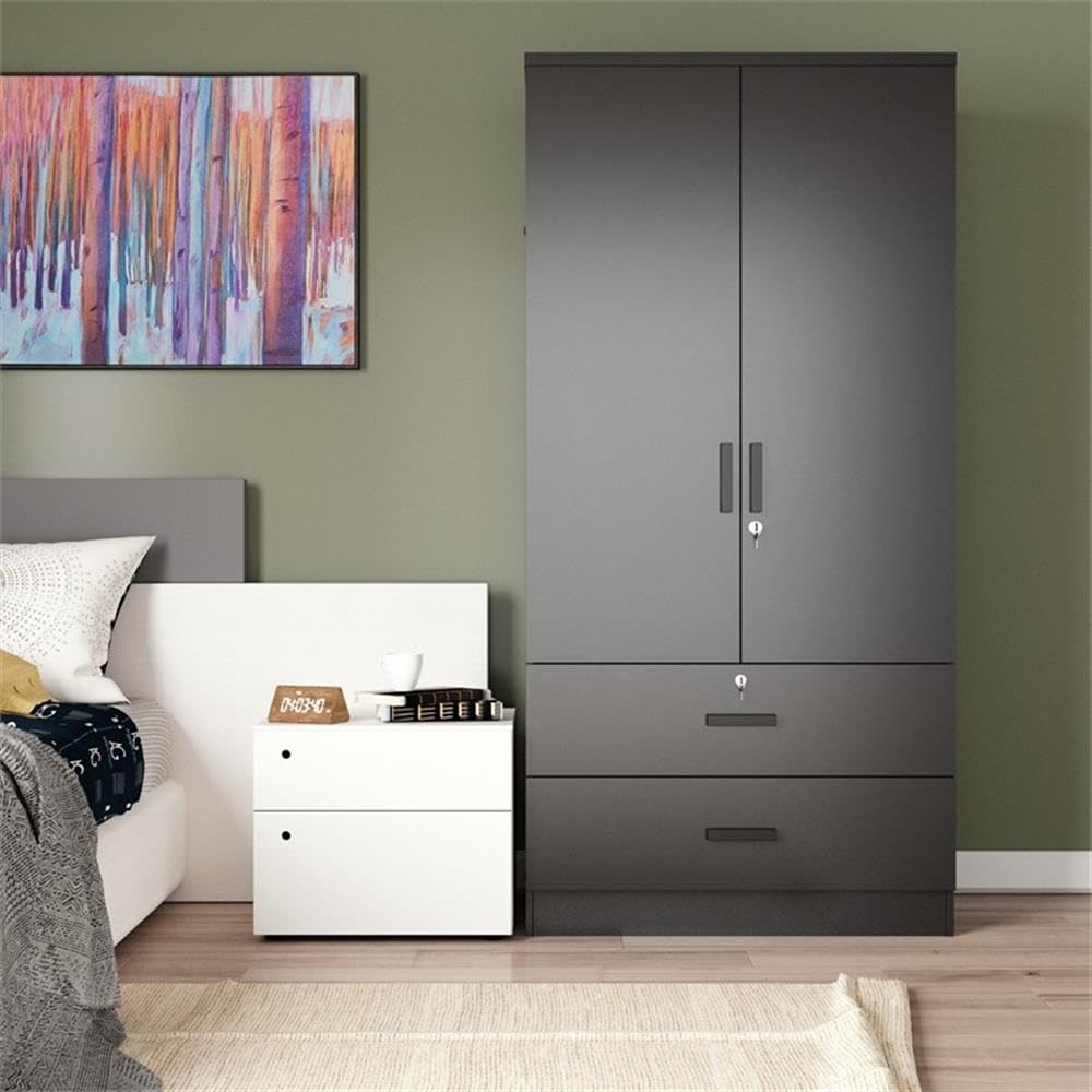 Better Home Products Grace Wood 2-Door Wardrobe Armoire with 2 Drawers - Black Wooden Closet for Bedroom Storage & Organization